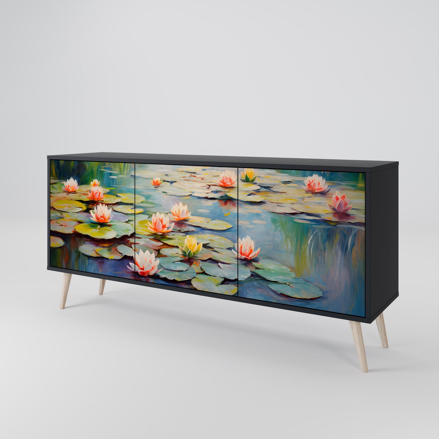 BLOOMING WATERS 3-dörrars skänk i svart finish