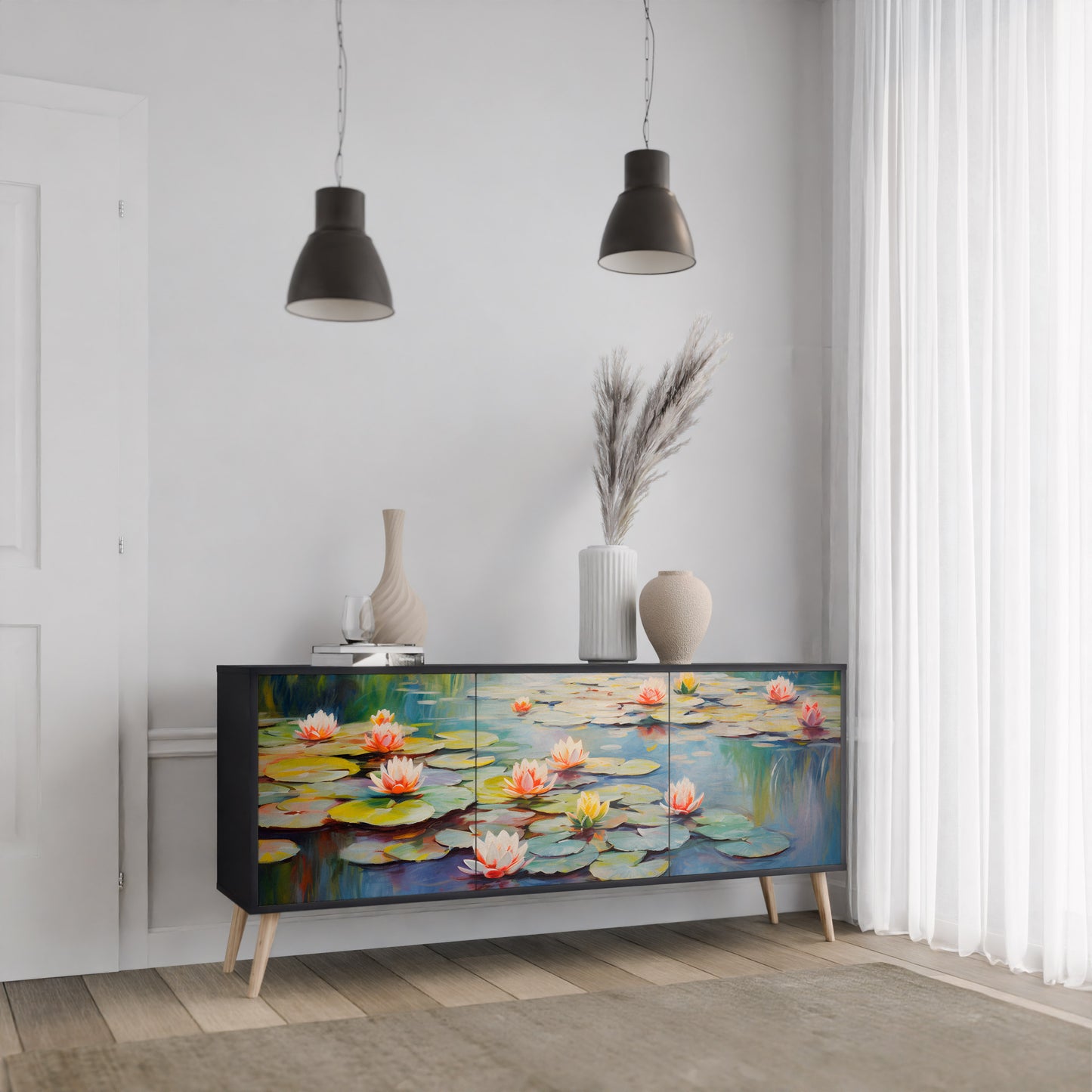 BLOOMING WATERS 3-dörrars skänk i svart finish