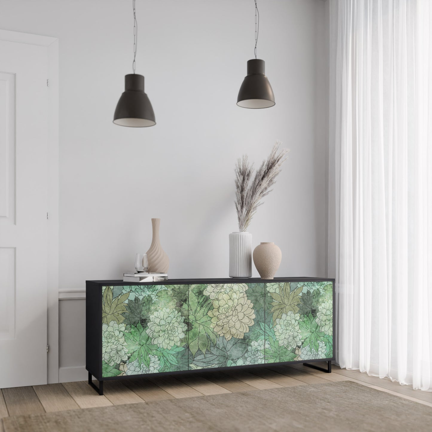 SUCCULENT CLUSTER 3-dörrars skänk i svart finish