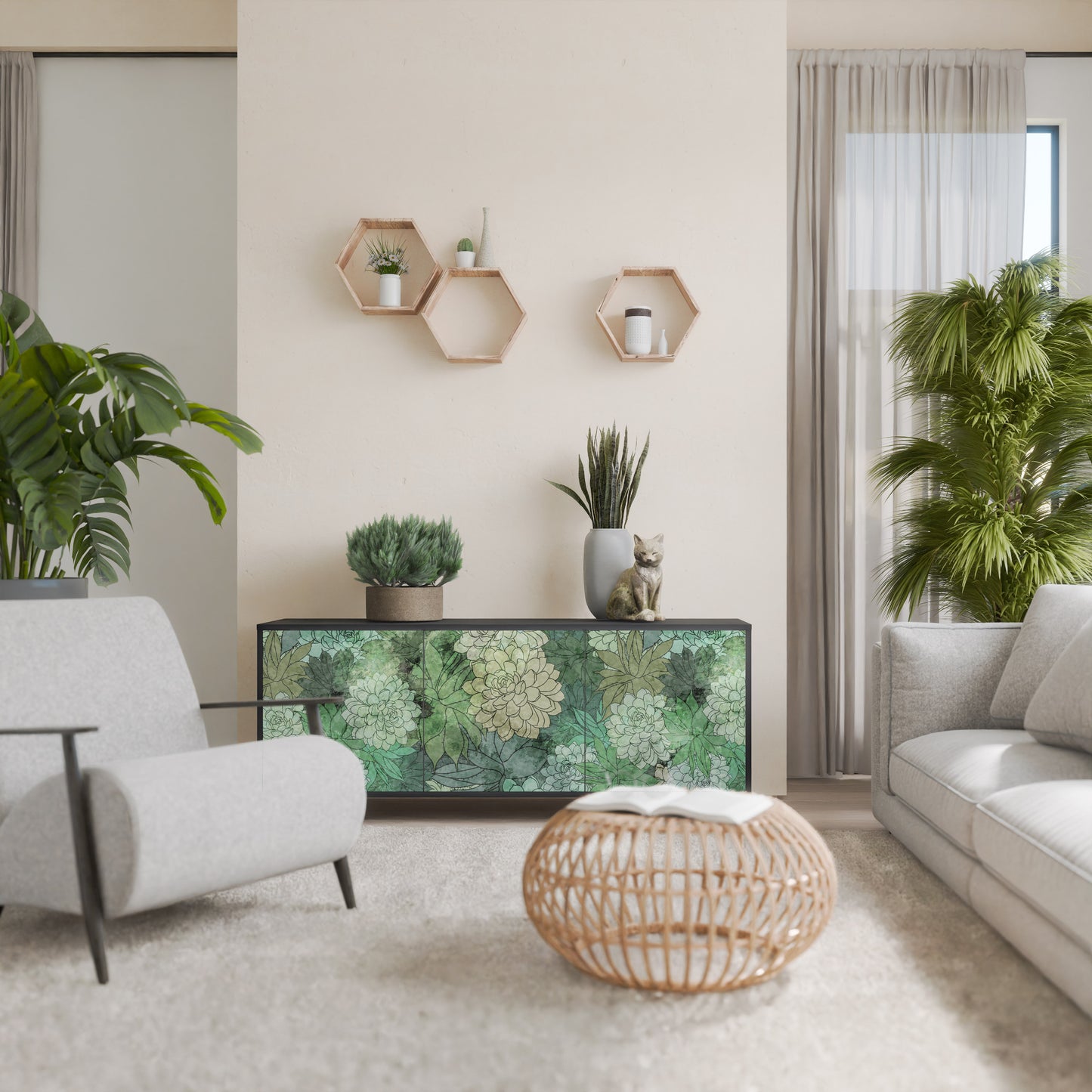 SUCCULENT CLUSTER 3-dörrars skänk i svart finish