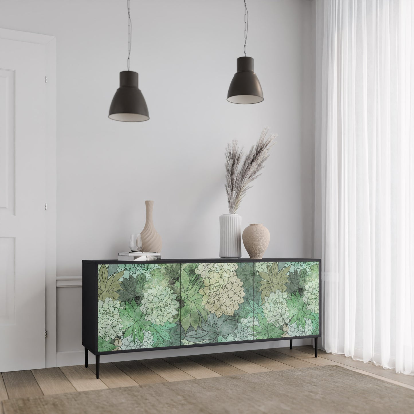 SUCCULENT CLUSTER 3-dörrars skänk i svart finish