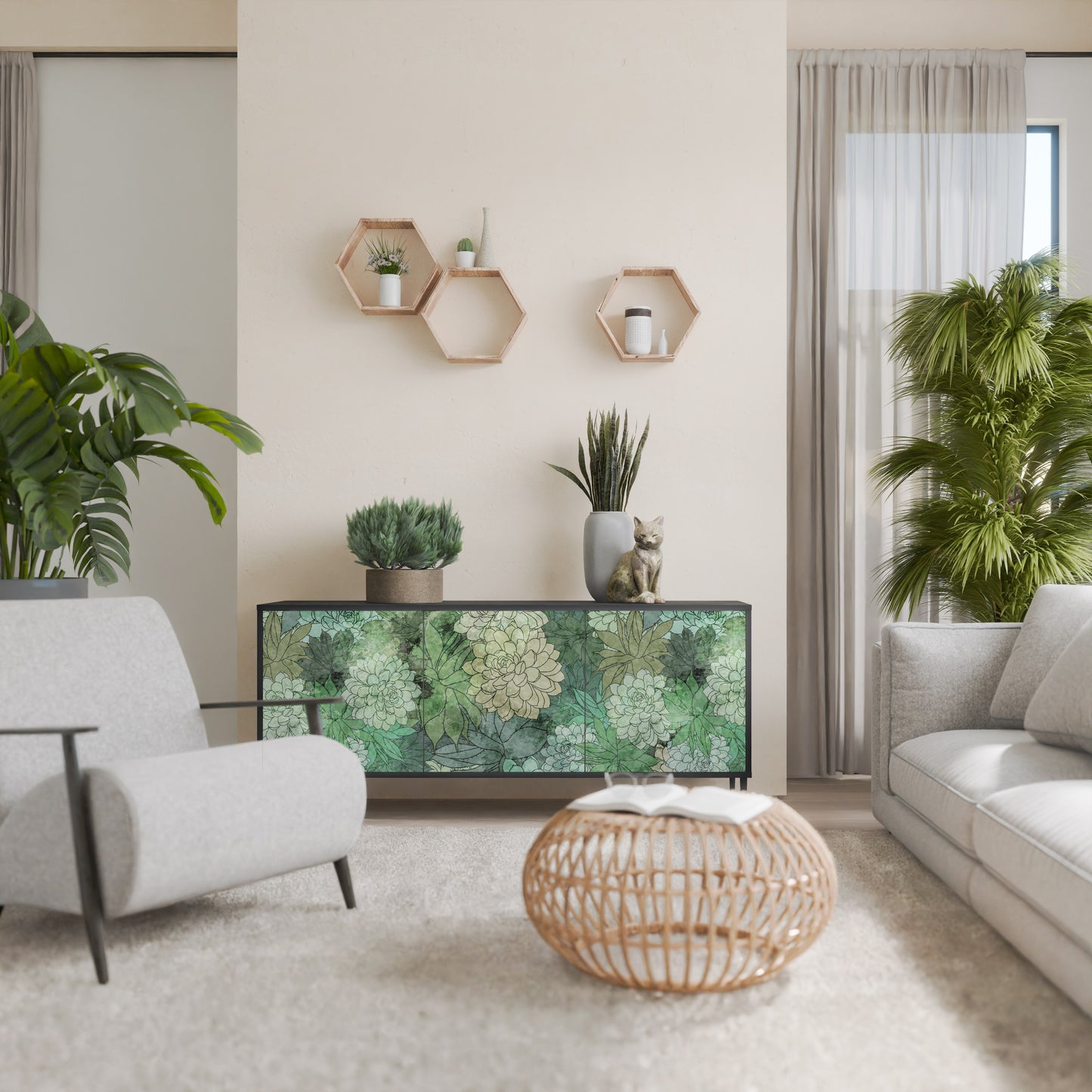 SUCCULENT CLUSTER 3-dörrars skänk i svart finish