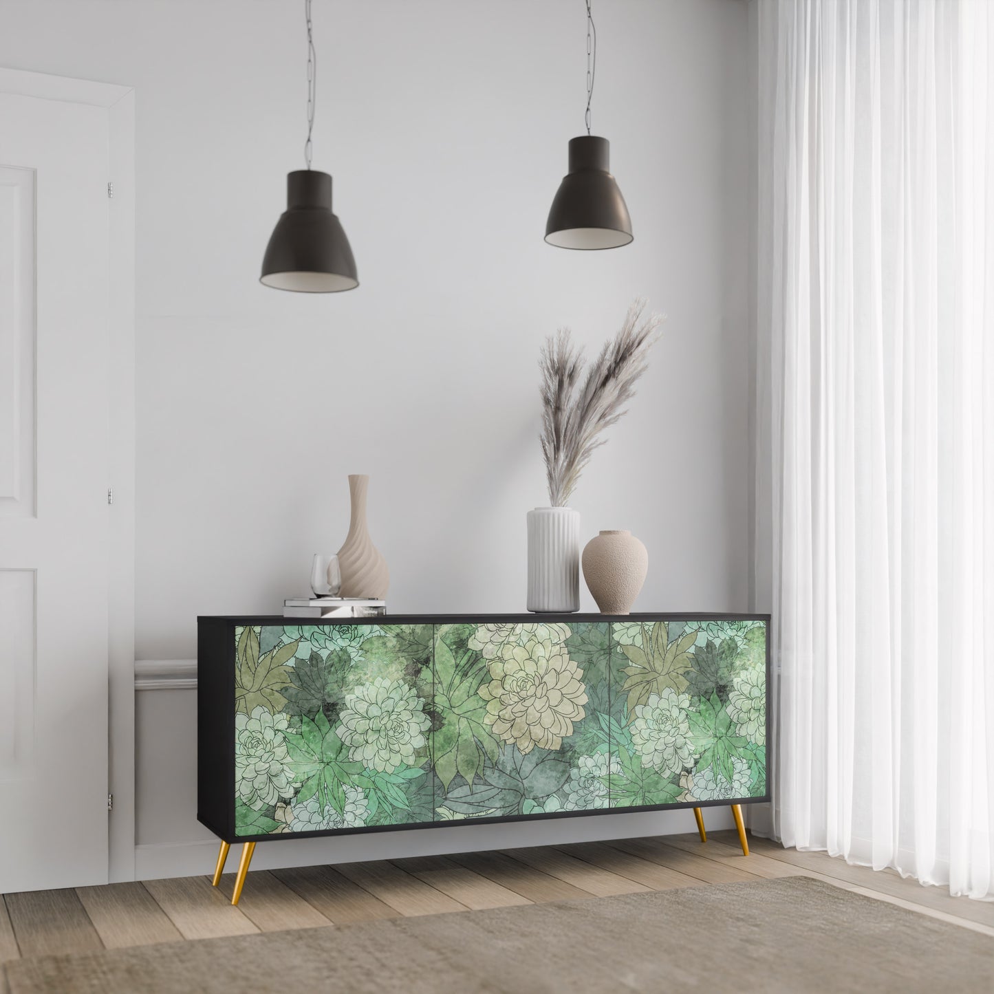 SUCCULENT CLUSTER 3-dörrars skänk i svart finish