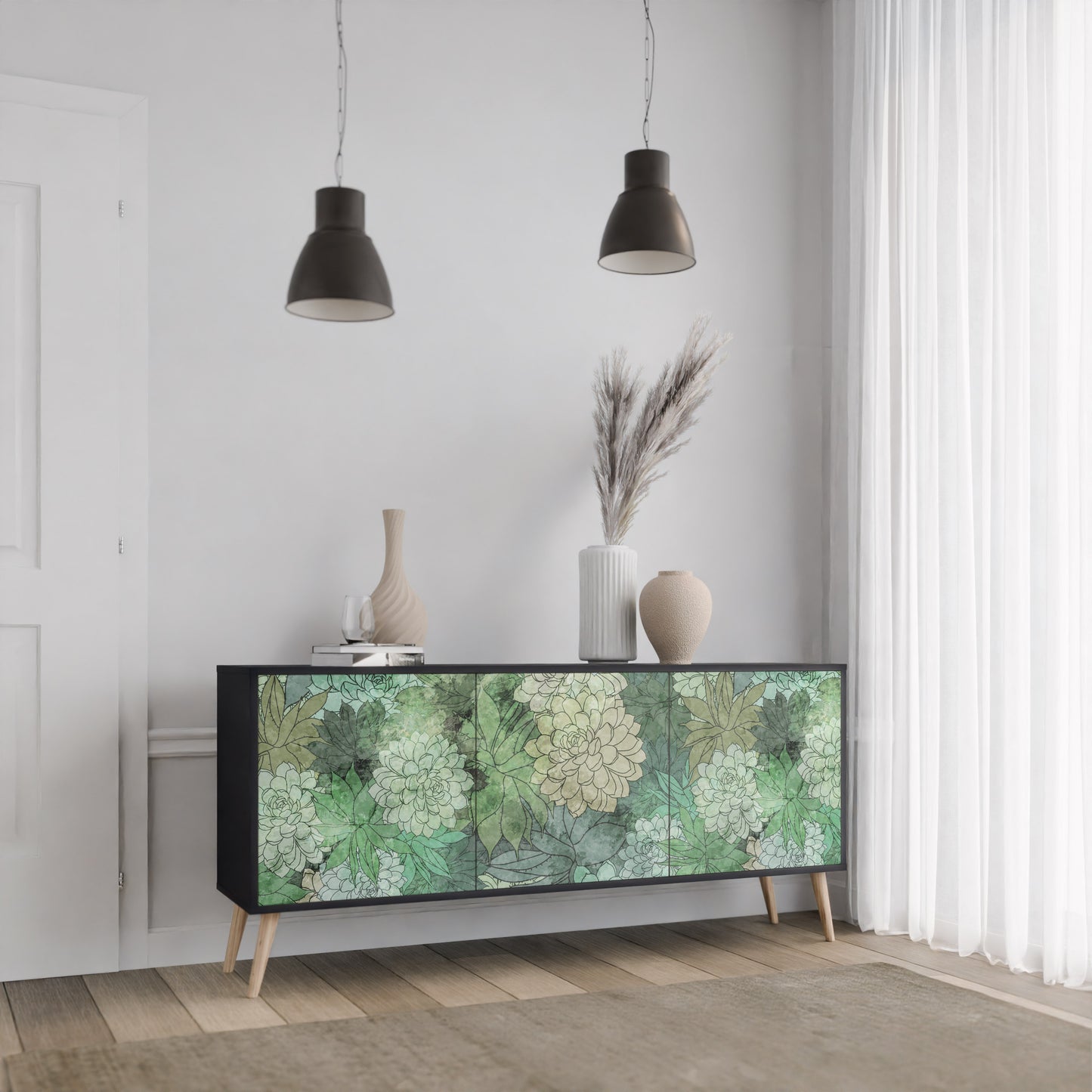 SUCCULENT CLUSTER 3-dörrars skänk i svart finish