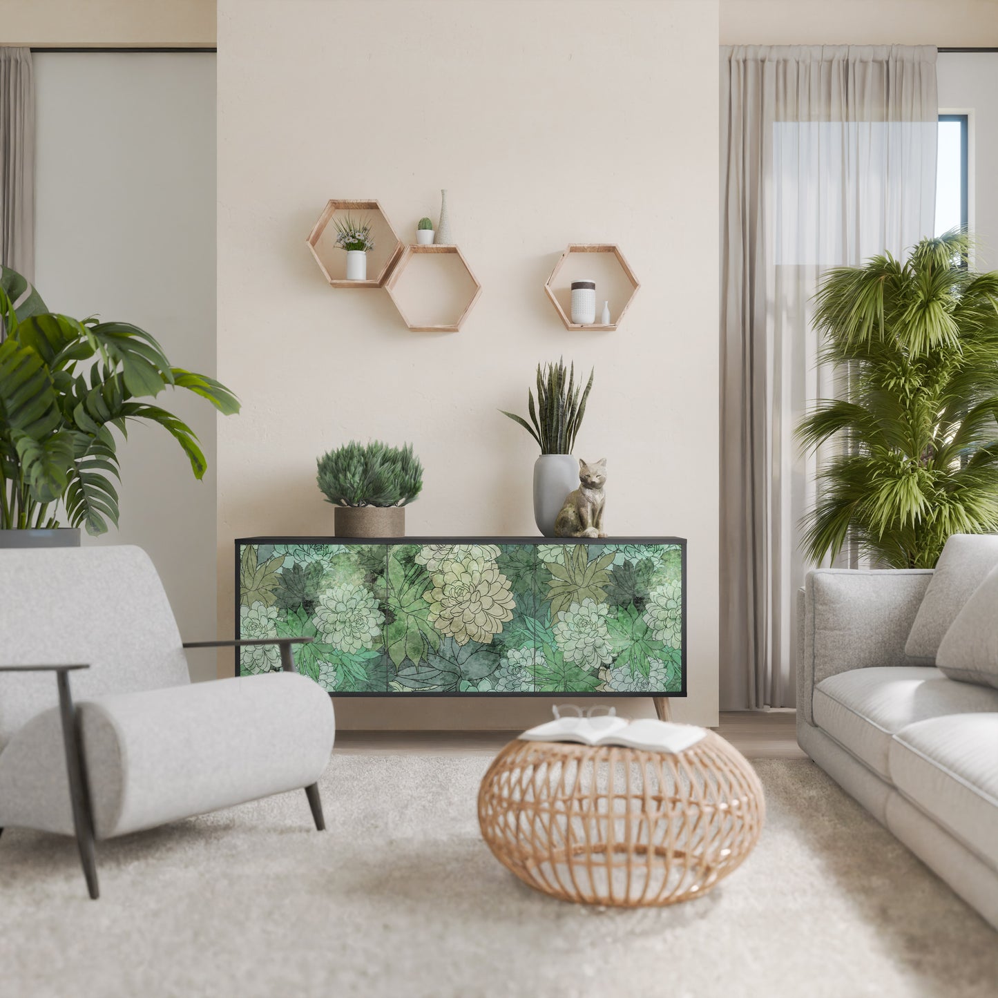 SUCCULENT CLUSTER 3-dörrars skänk i svart finish