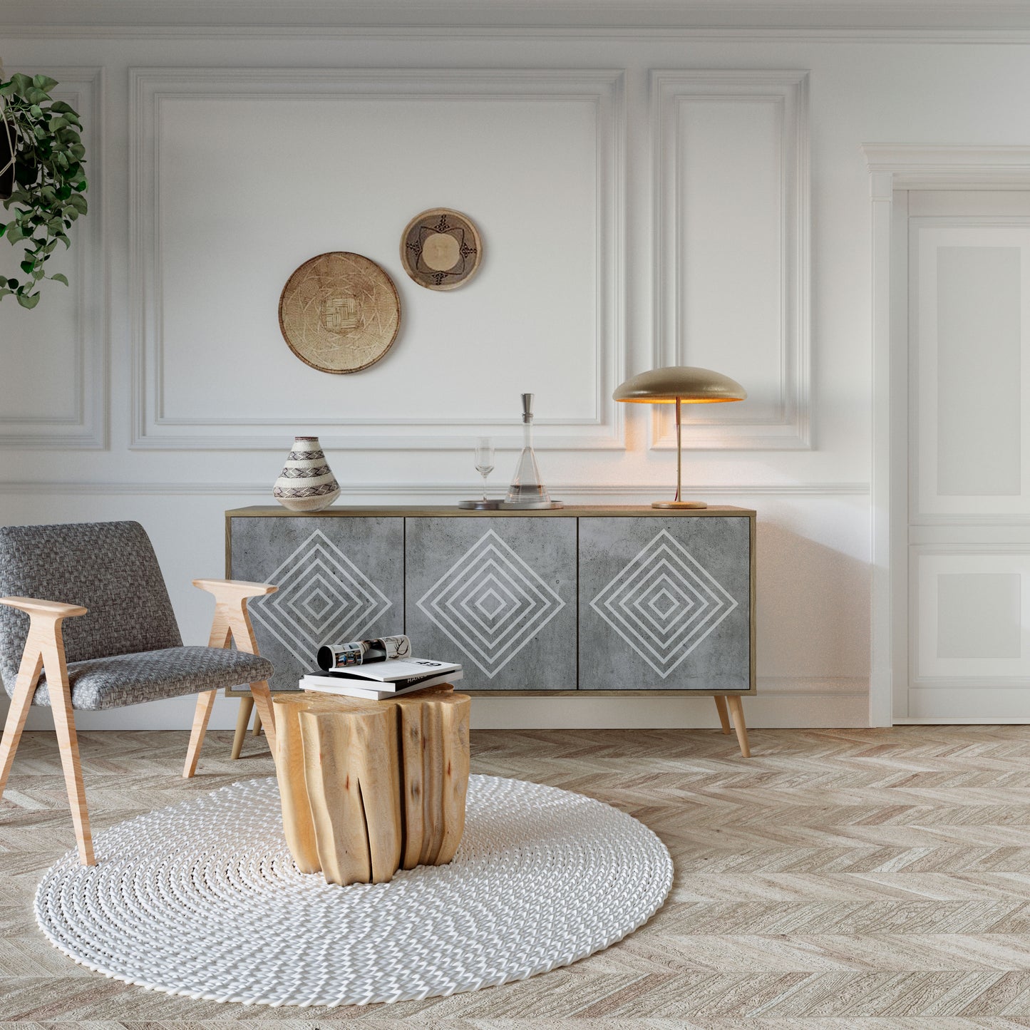 POLYGONAL ARTISTRY 3-dörrars skänk i ekeffekt