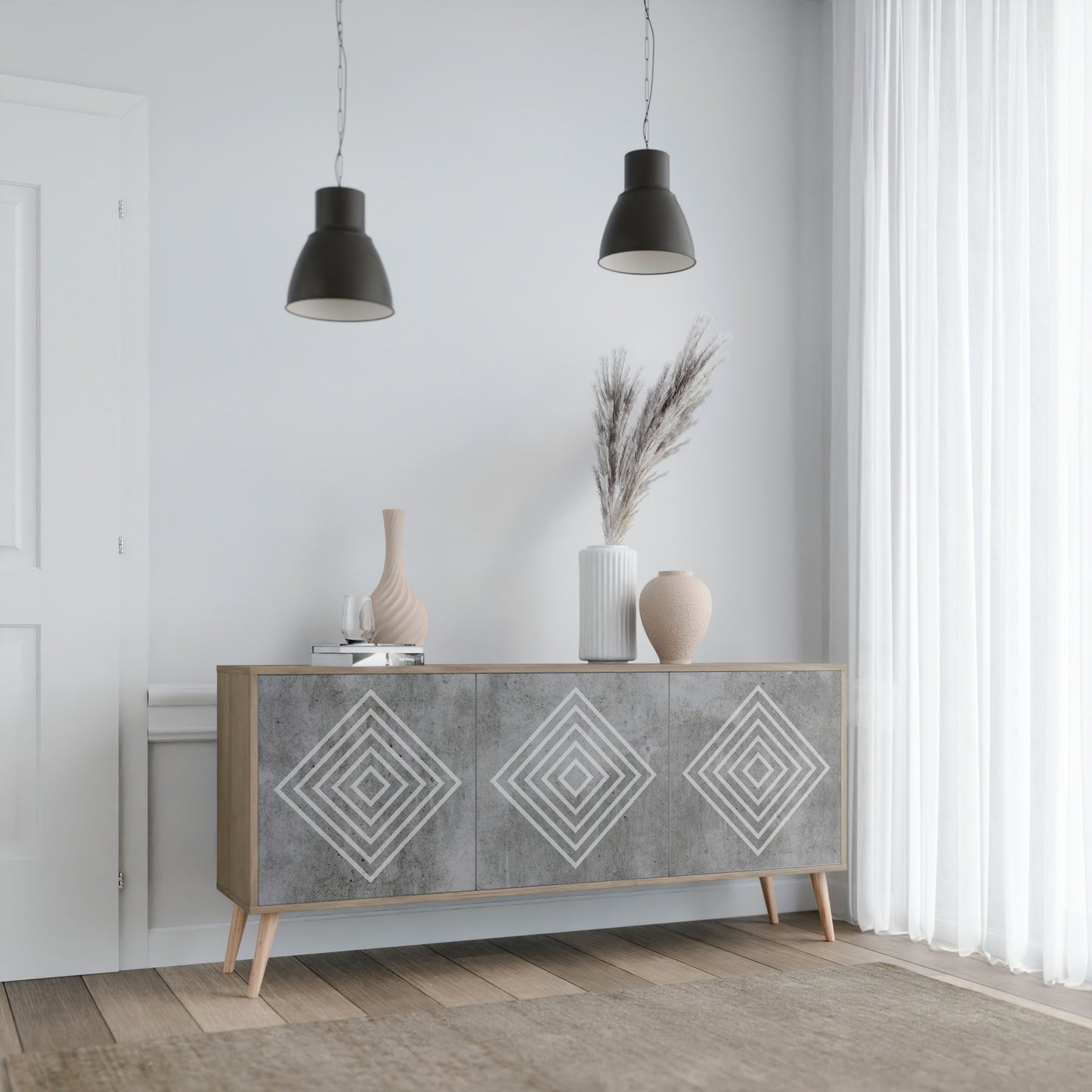 POLYGONAL ARTISTRY 3-dörrars skänk i ekeffekt
