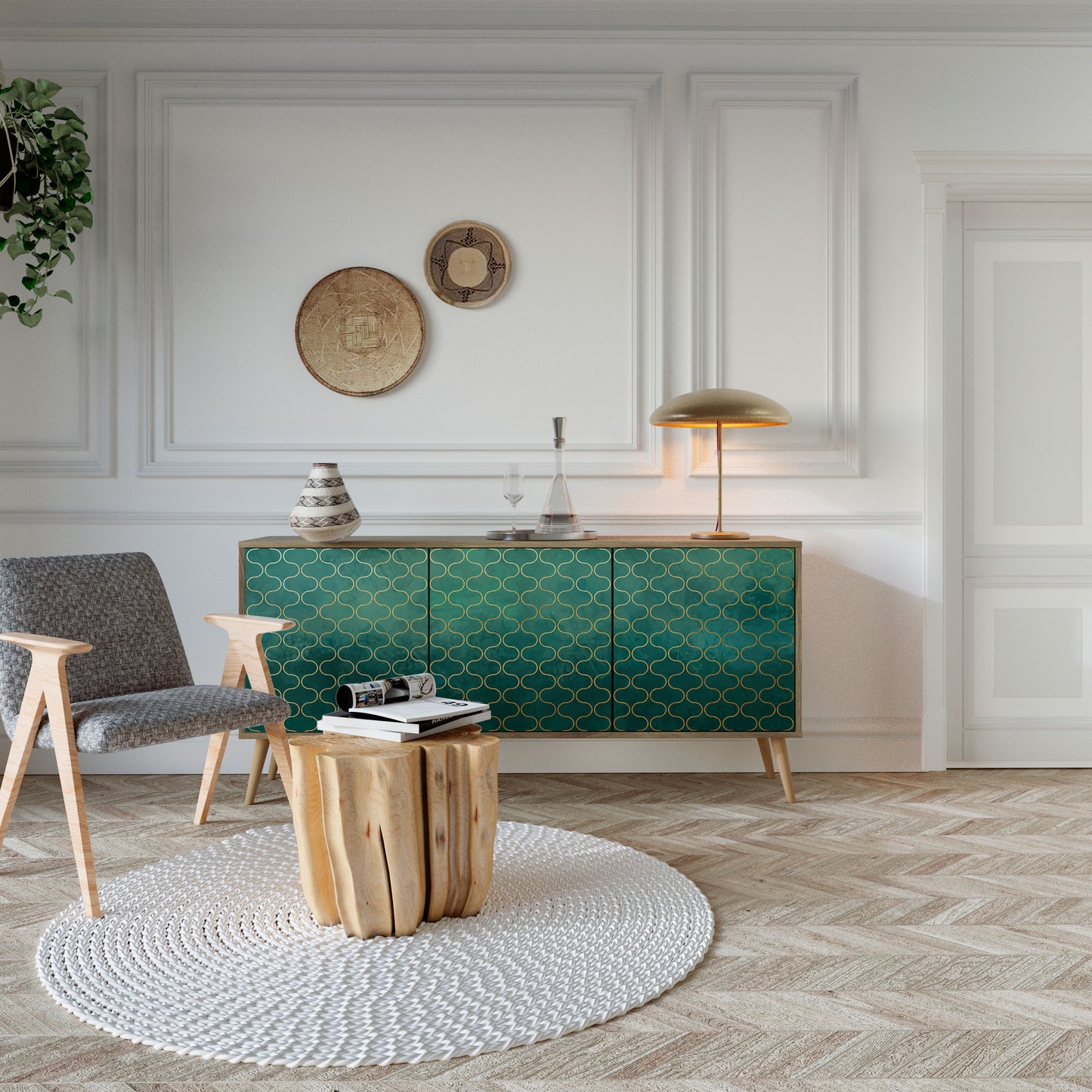 TESSELATED GREENERY 3-Door Sideboard in Oak Effect