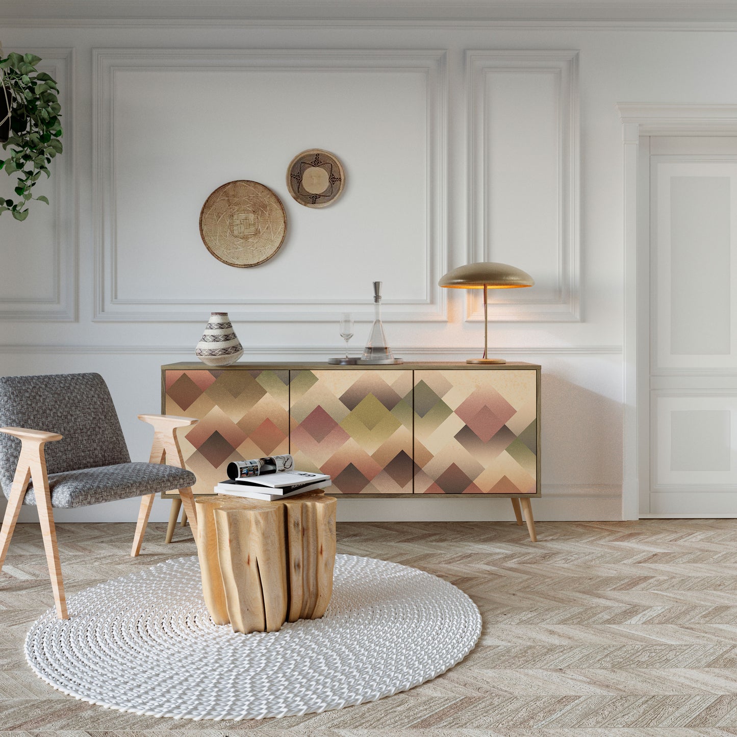 GEOMETRIC FUSION 3-dörrars skänk i ekeffekt