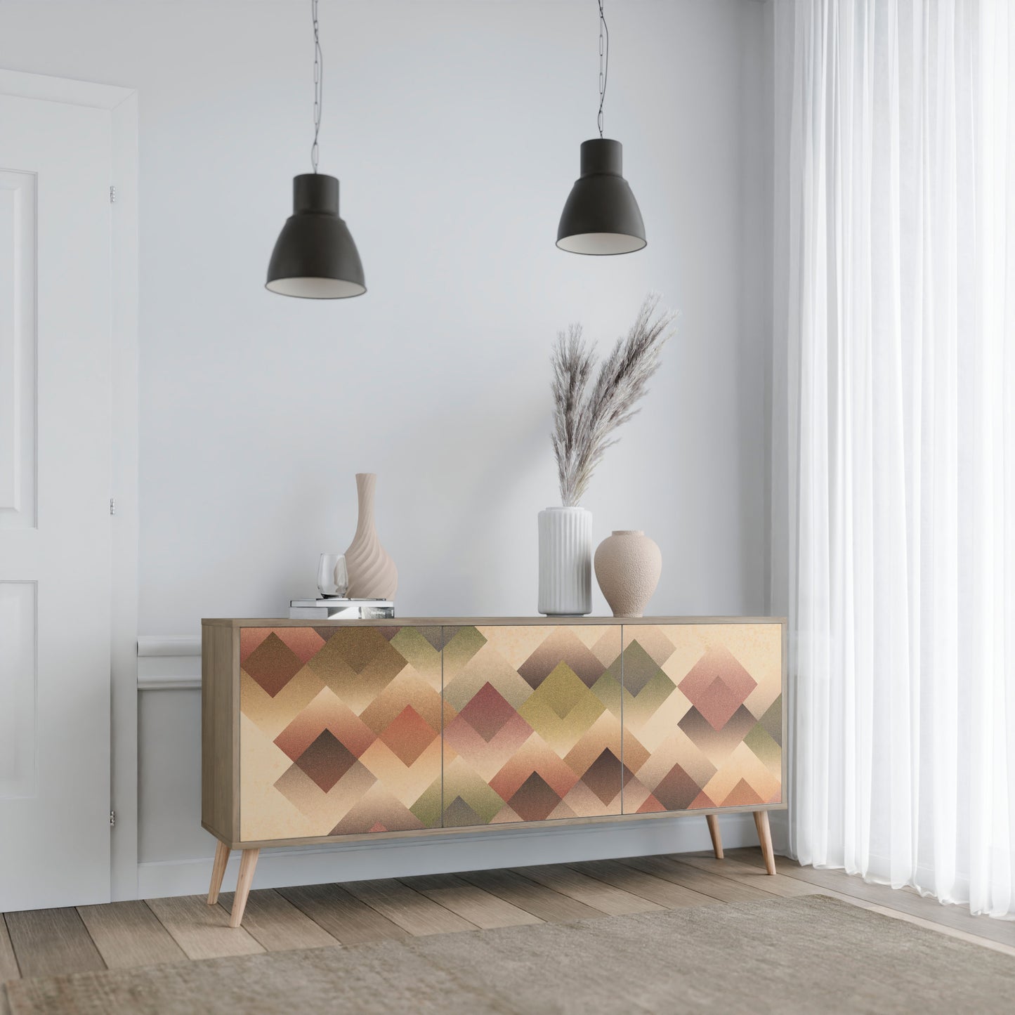 GEOMETRIC FUSION 3-dörrars skänk i ekeffekt