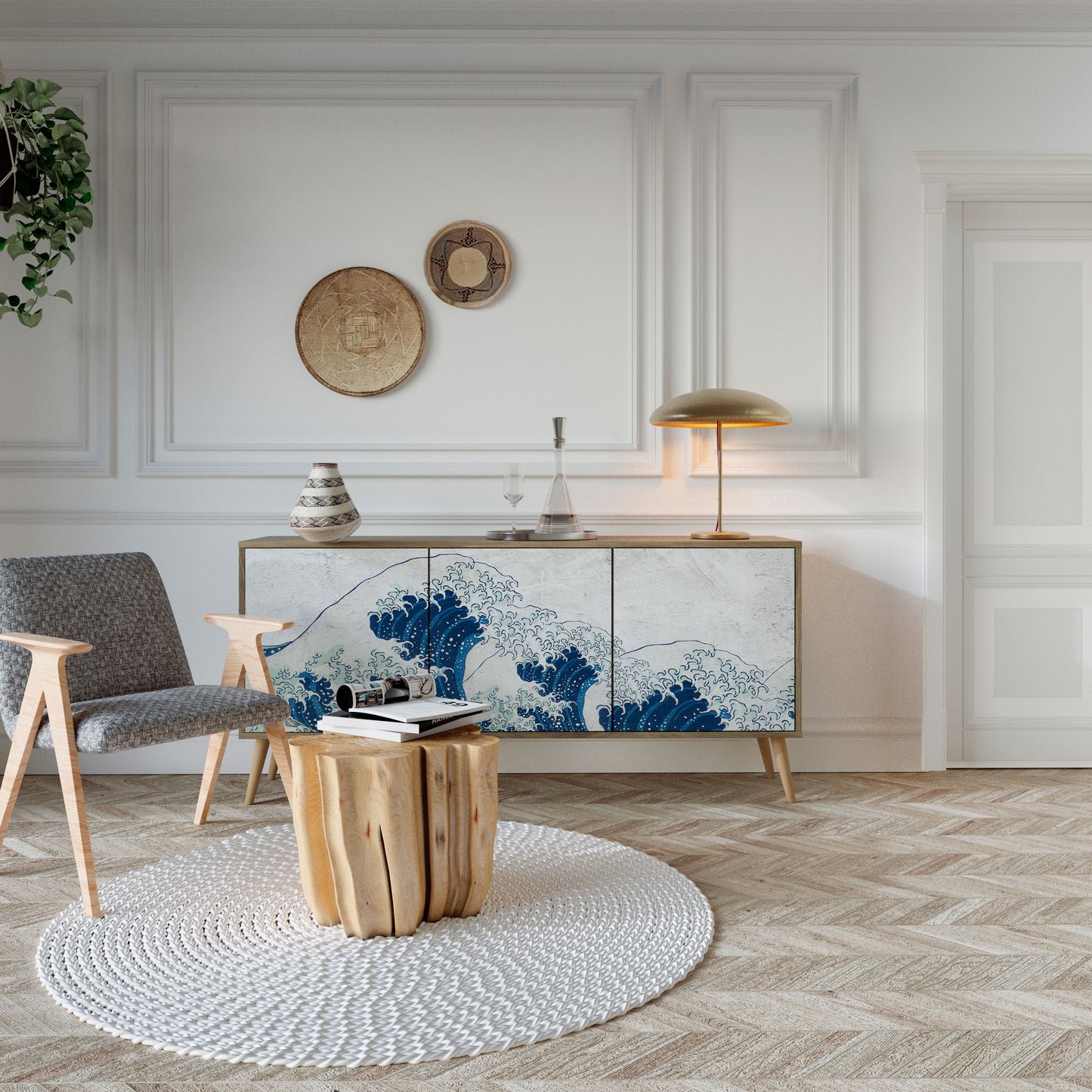 THE GREAT WAVE AT KANAGAWA 3-Door Sideboard in Oak Effect