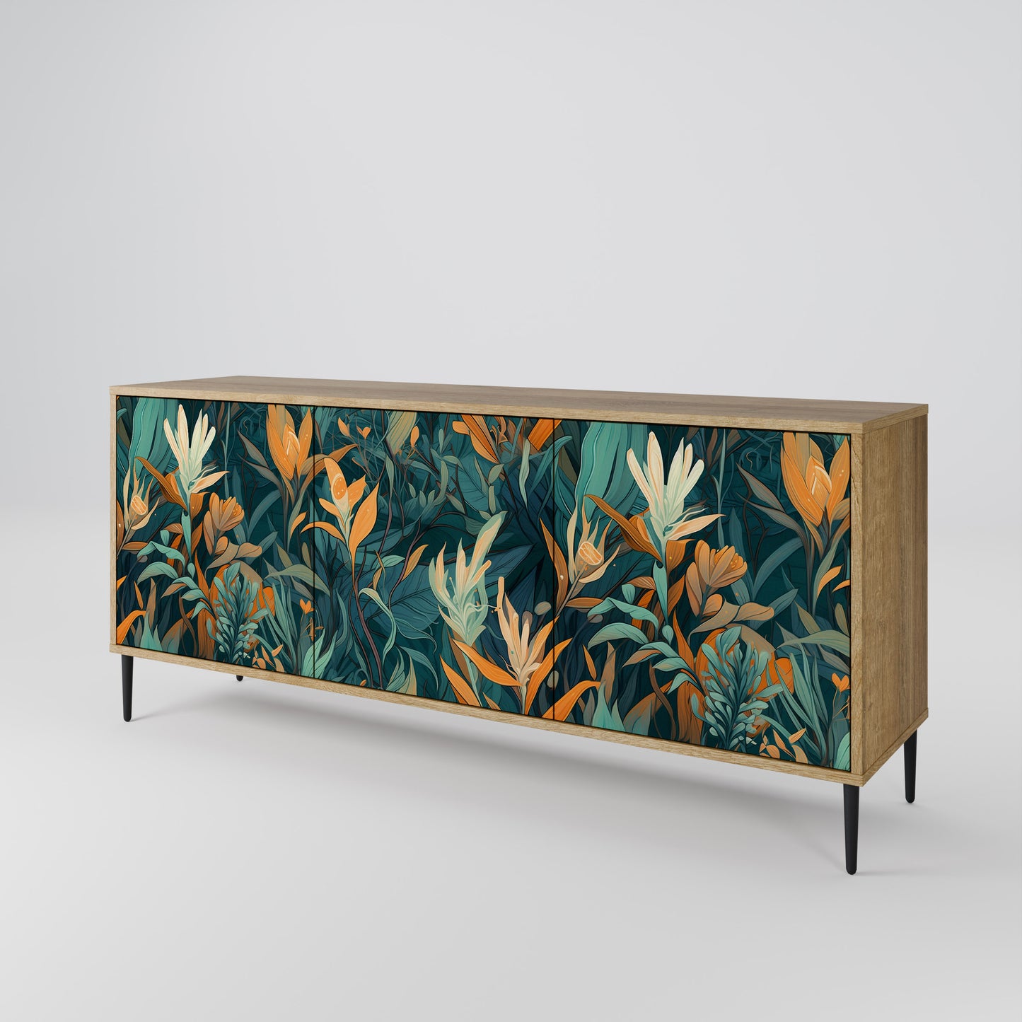 FLORAL SERENITY 3-dörrars skänk i ekeffekt