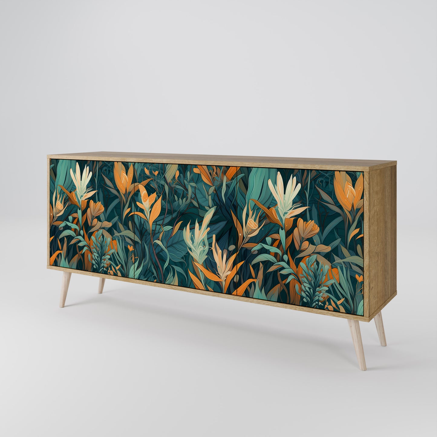 FLORAL SERENITY 3-dörrars skänk i ekeffekt