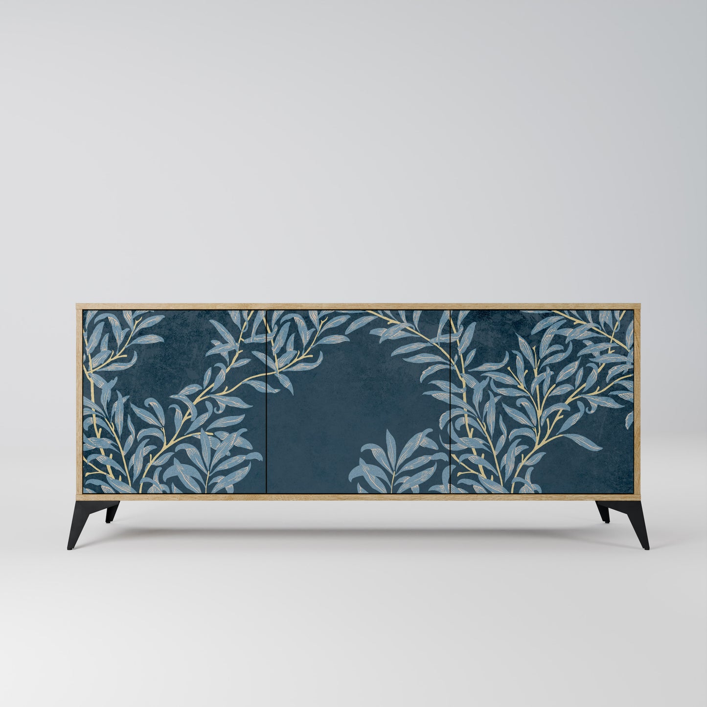 BLUE LEAVES skänk med 3 dörrar i ekeffekt