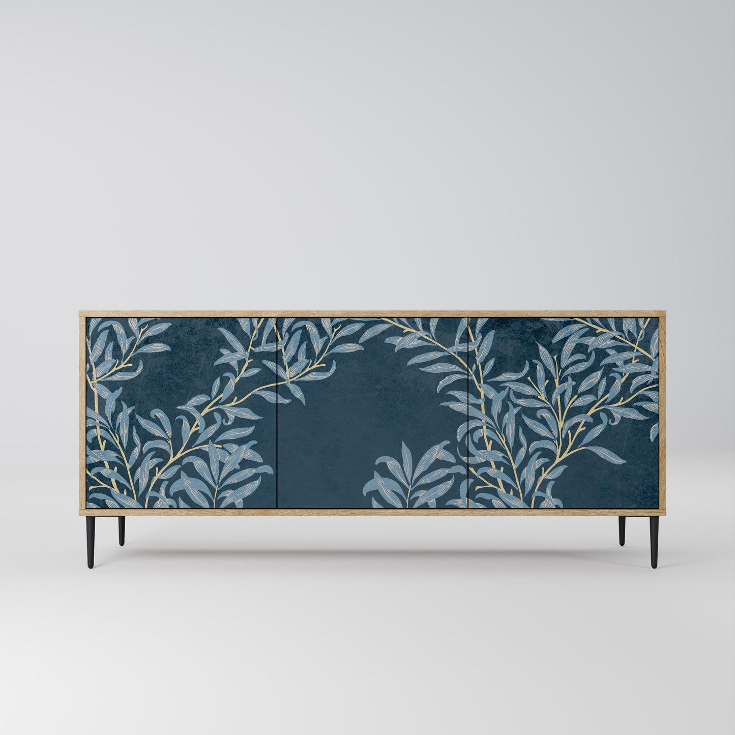 BLUE LEAVES skänk med 3 dörrar i ekeffekt