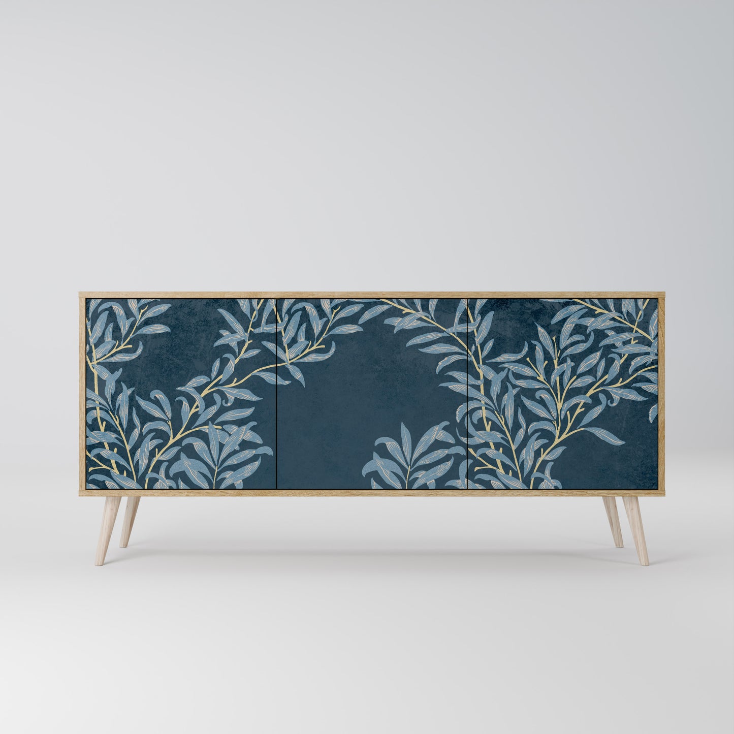 BLUE LEAVES skänk med 3 dörrar i ekeffekt
