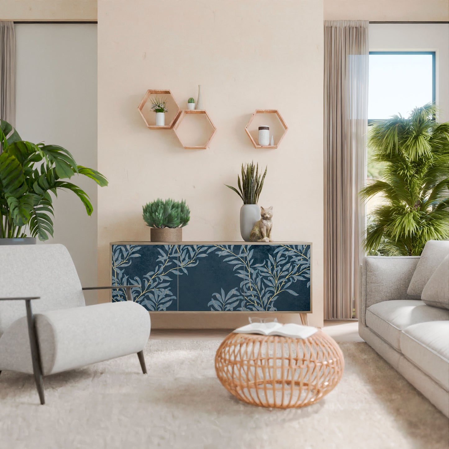 BLUE LEAVES skänk med 3 dörrar i ekeffekt
