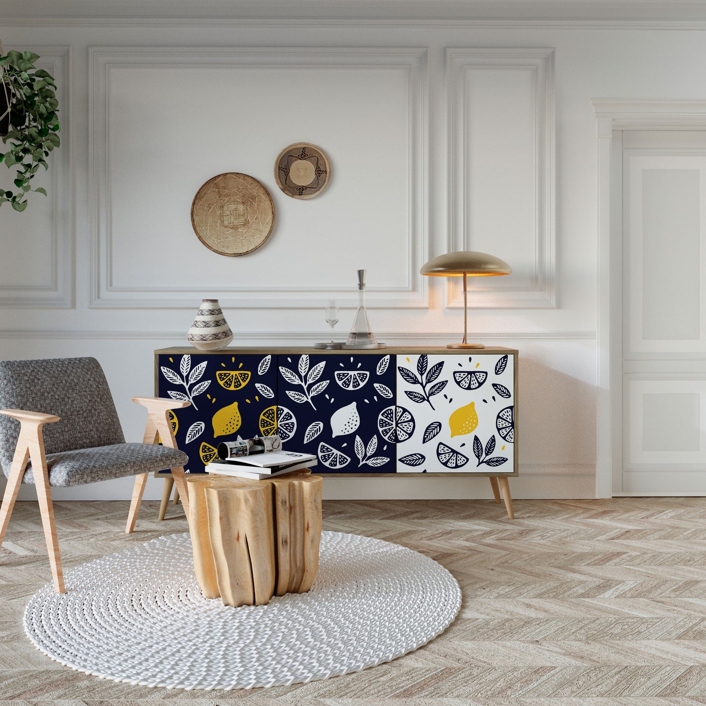 CITRUS SVARTVIT 3-dörrars skänk i ekeffekt