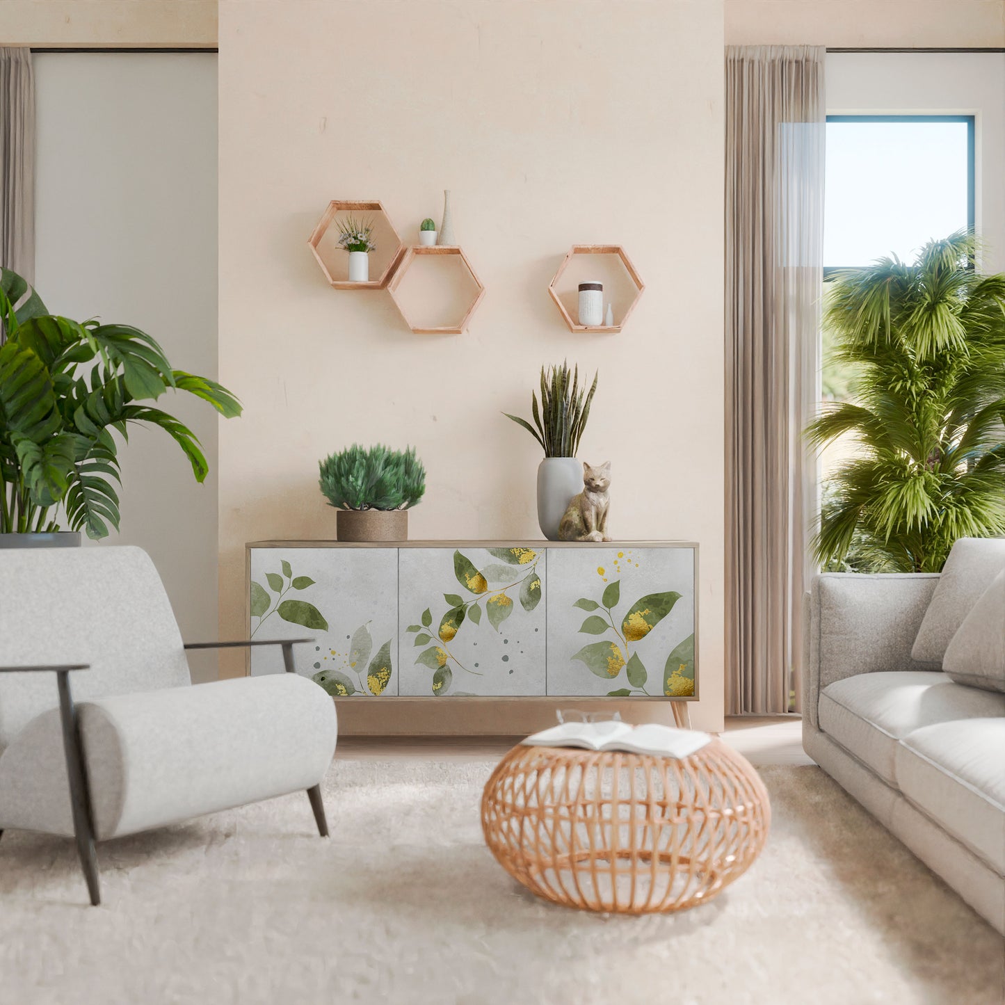 ELEGANT BOTANICS 3-dörrars skänk i ekeffekt