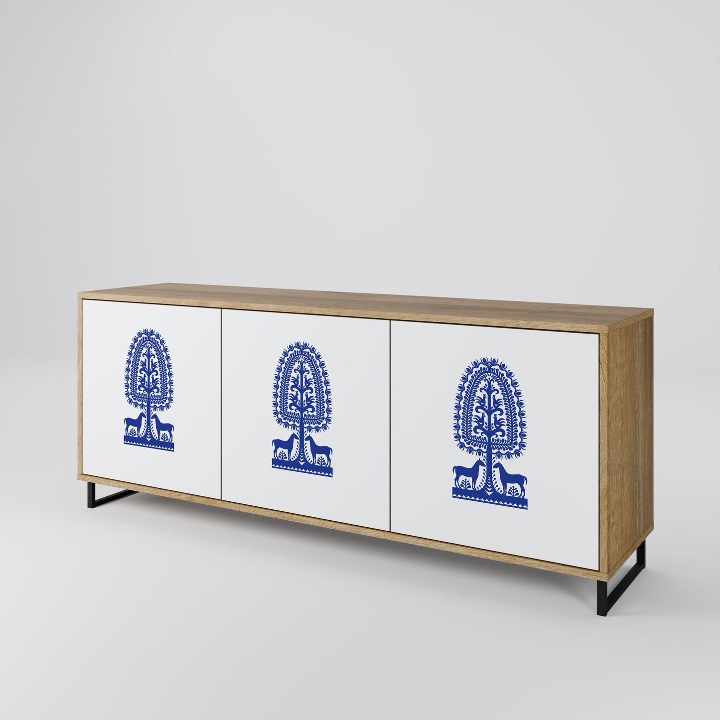 POLISH FOLK ART 3-Door Sideboard in Oak Effect