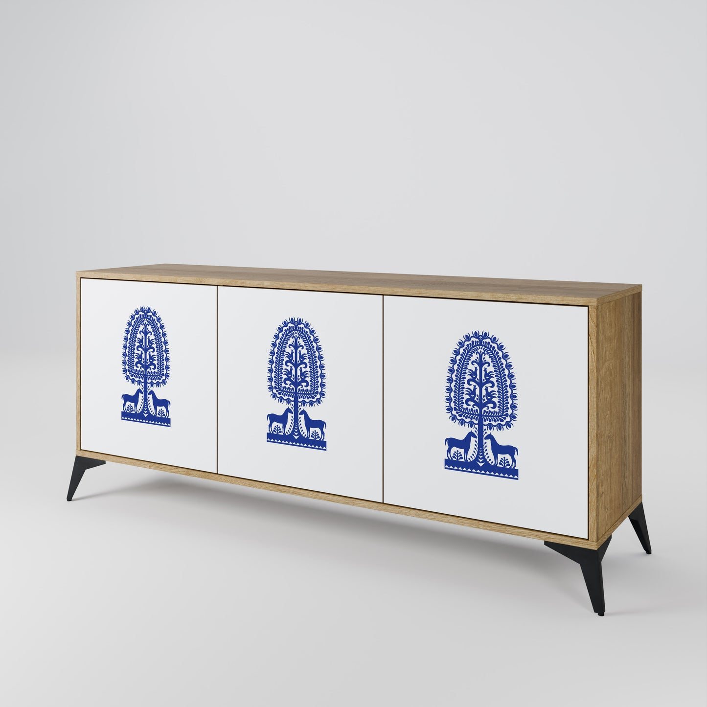 POLISH FOLK ART 3-Door Sideboard in Oak Effect