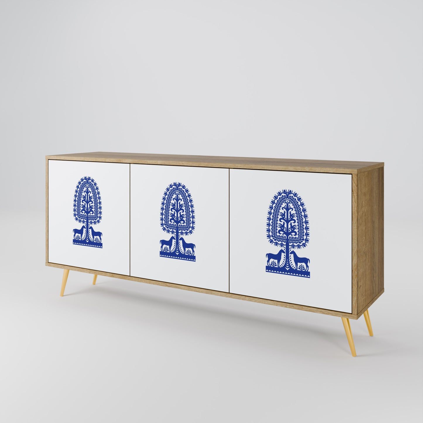 POLISH FOLK ART 3-Door Sideboard in Oak Effect