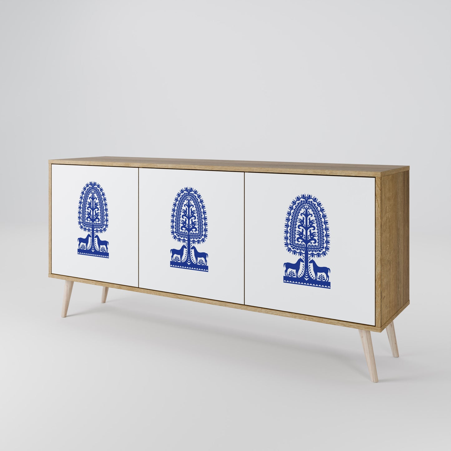 POLISH FOLK ART 3-Door Sideboard in Oak Effect