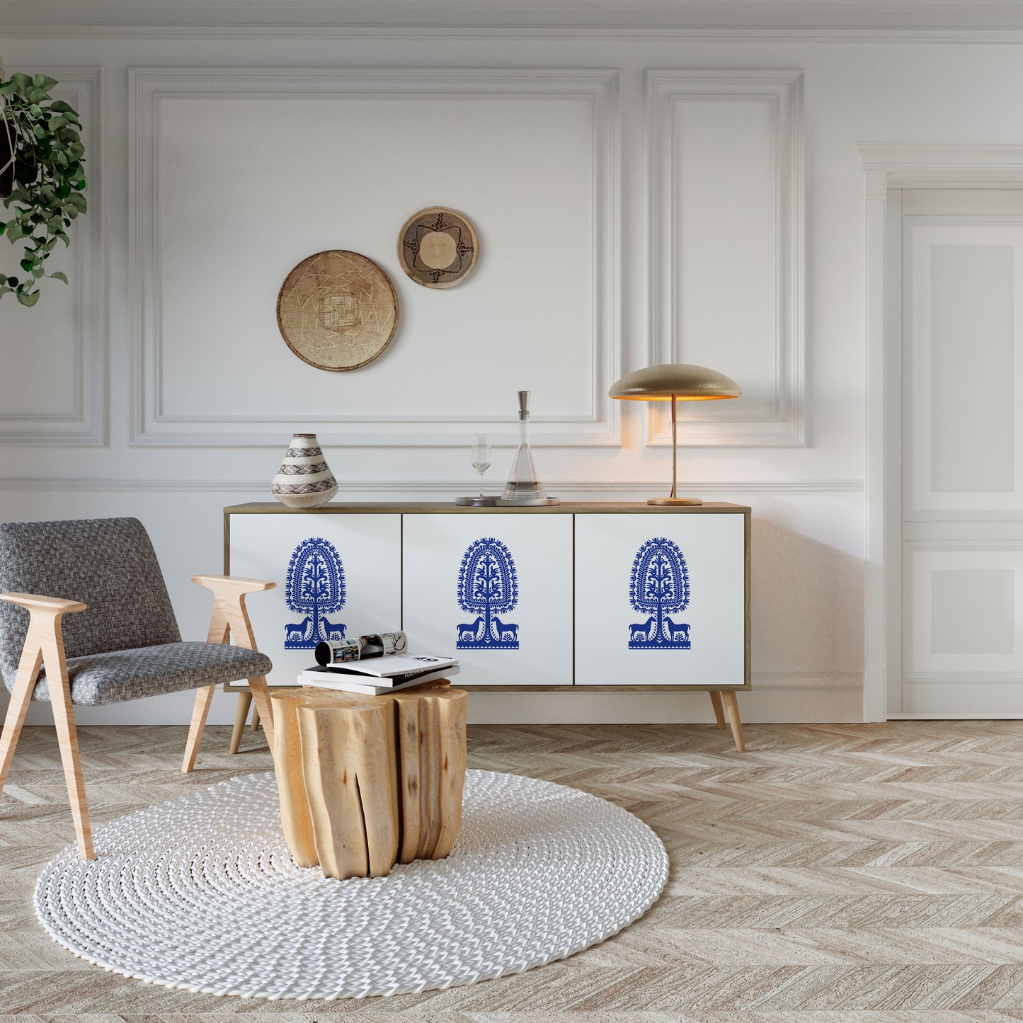 POLISH FOLK ART 3-Door Sideboard in Oak Effect