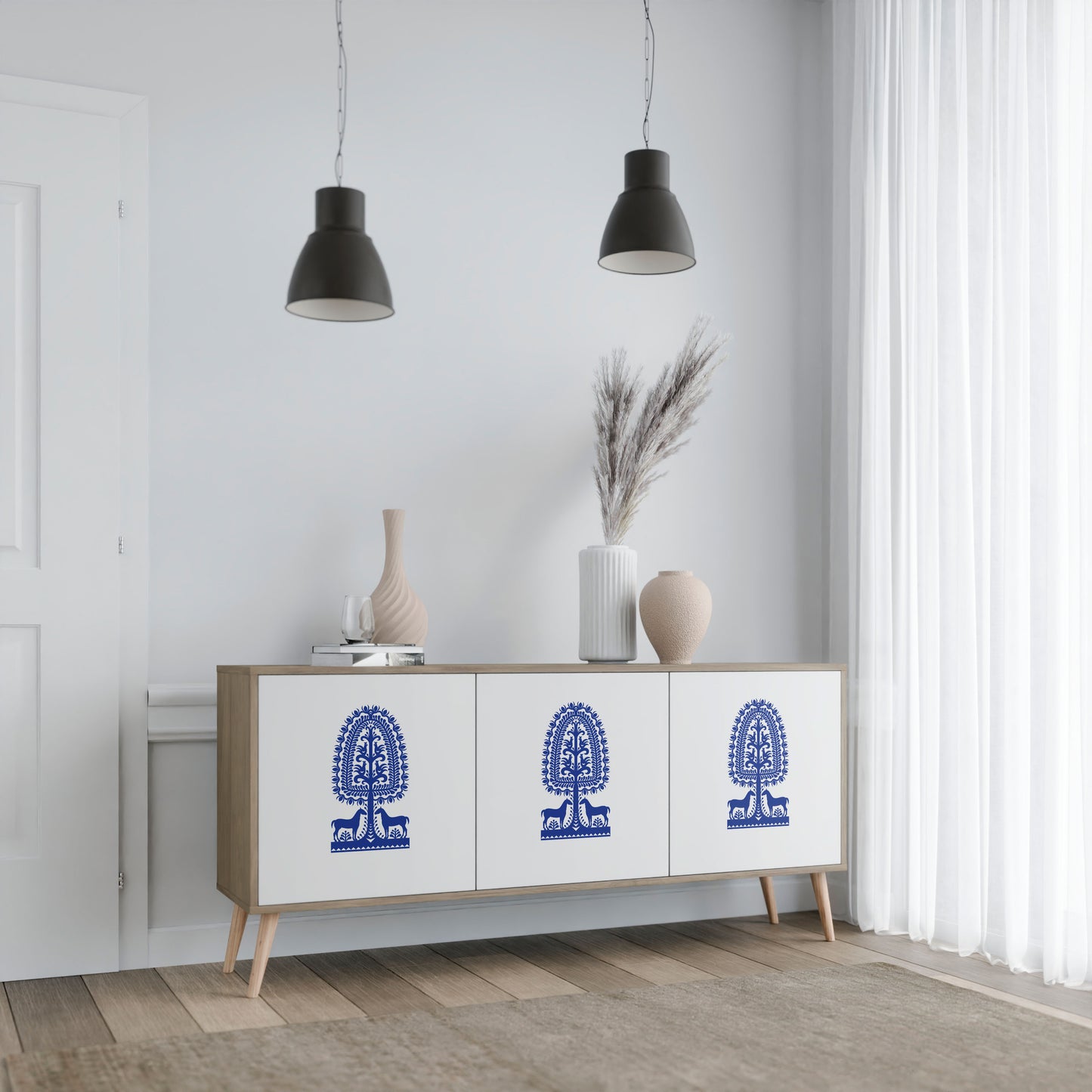 POLISH FOLK ART 3-Door Sideboard in Oak Effect