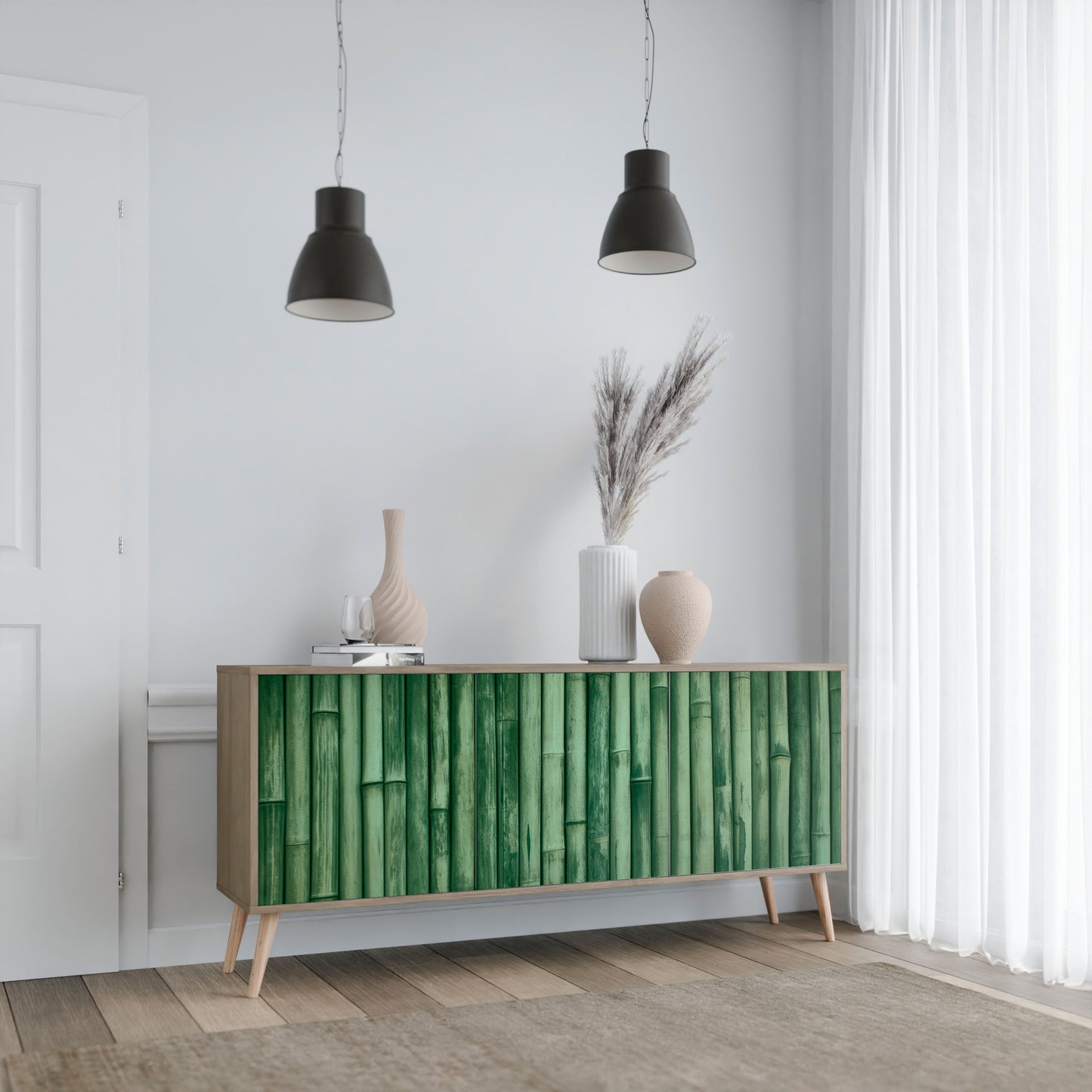 NATURLIG GRÖN 3-dörrars skänk i ekeffekt