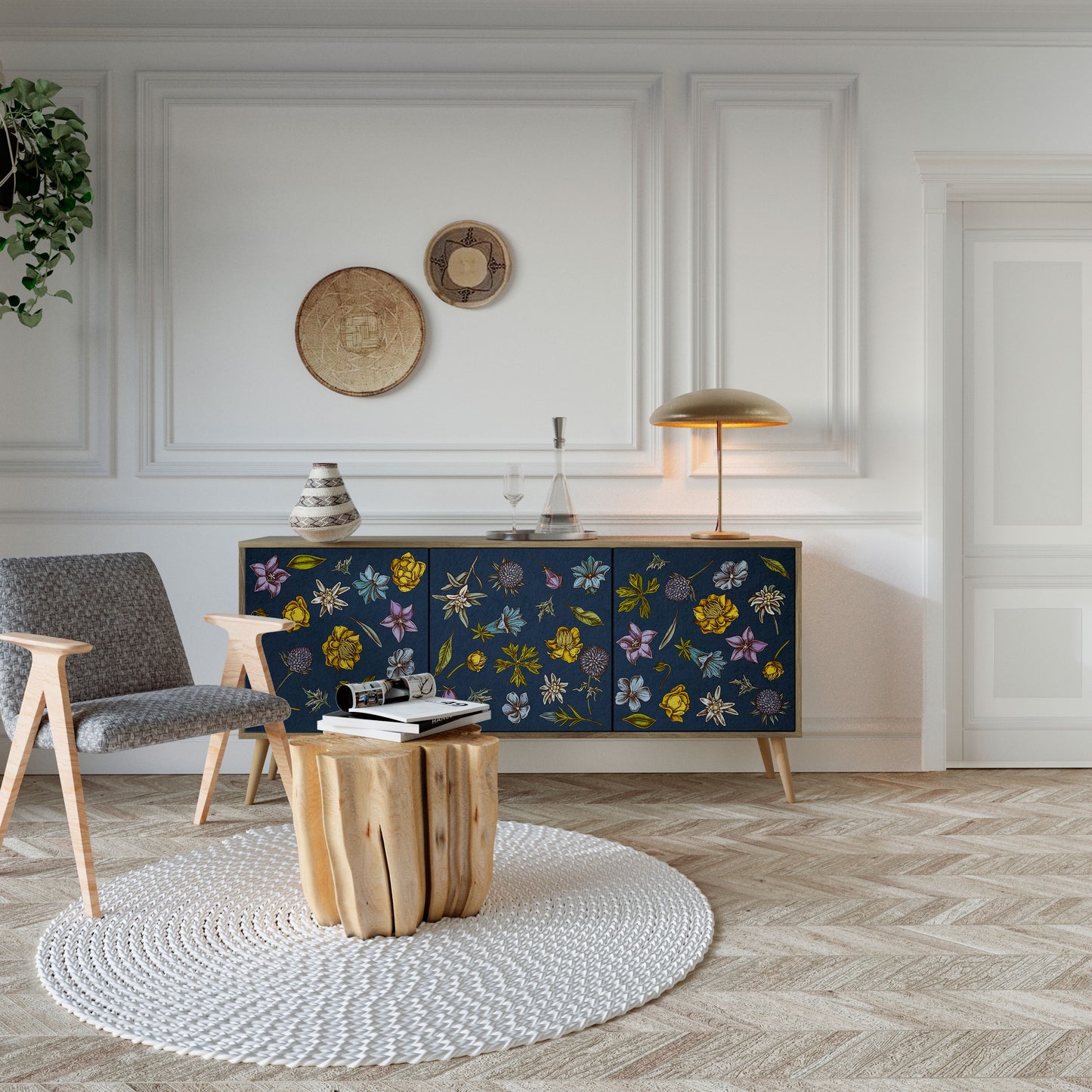 FLOWERS ON NAVY BLUE 3-Door Sideboard in Oak Effect