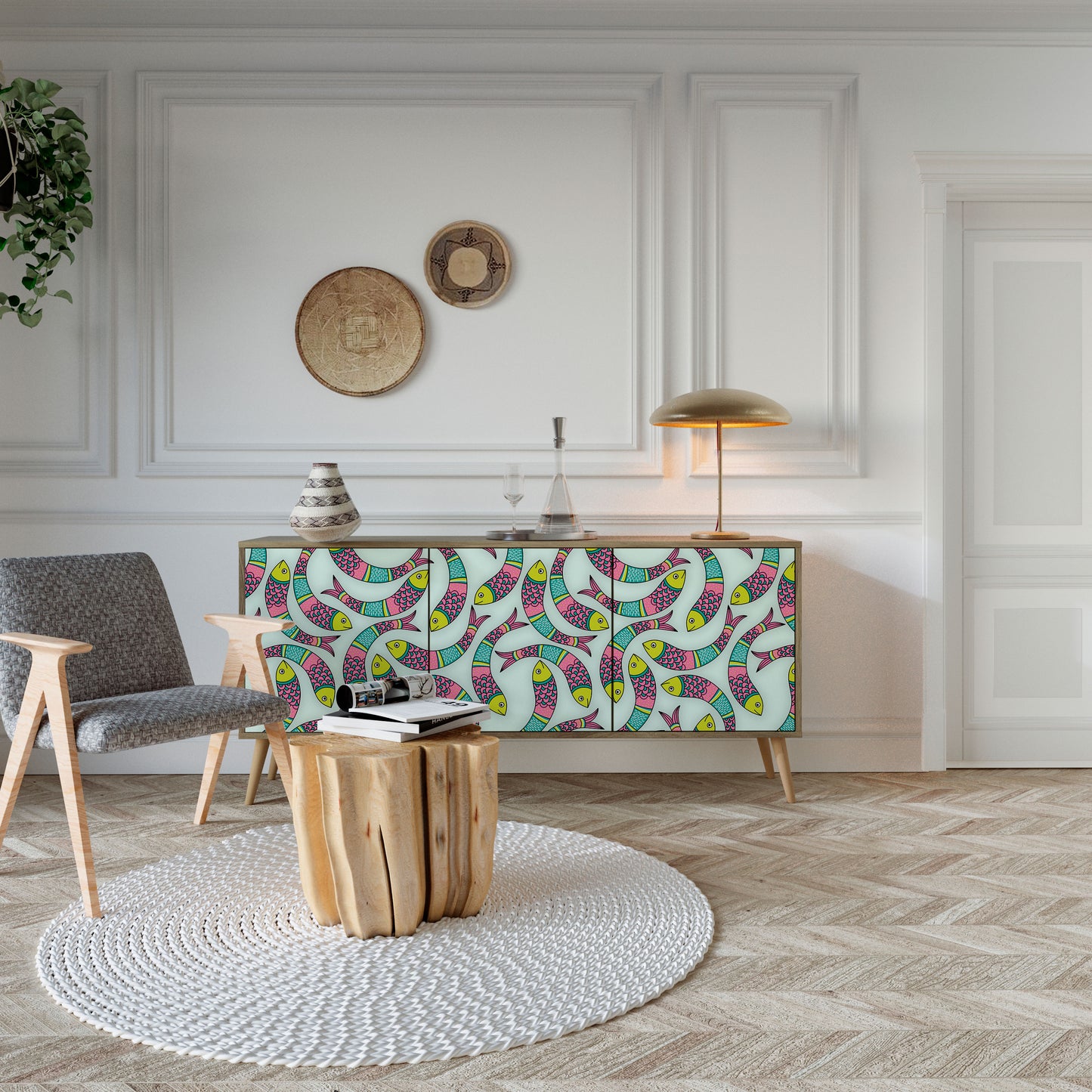 INDIAN FISH 3-Door Sideboard in Oak Effect