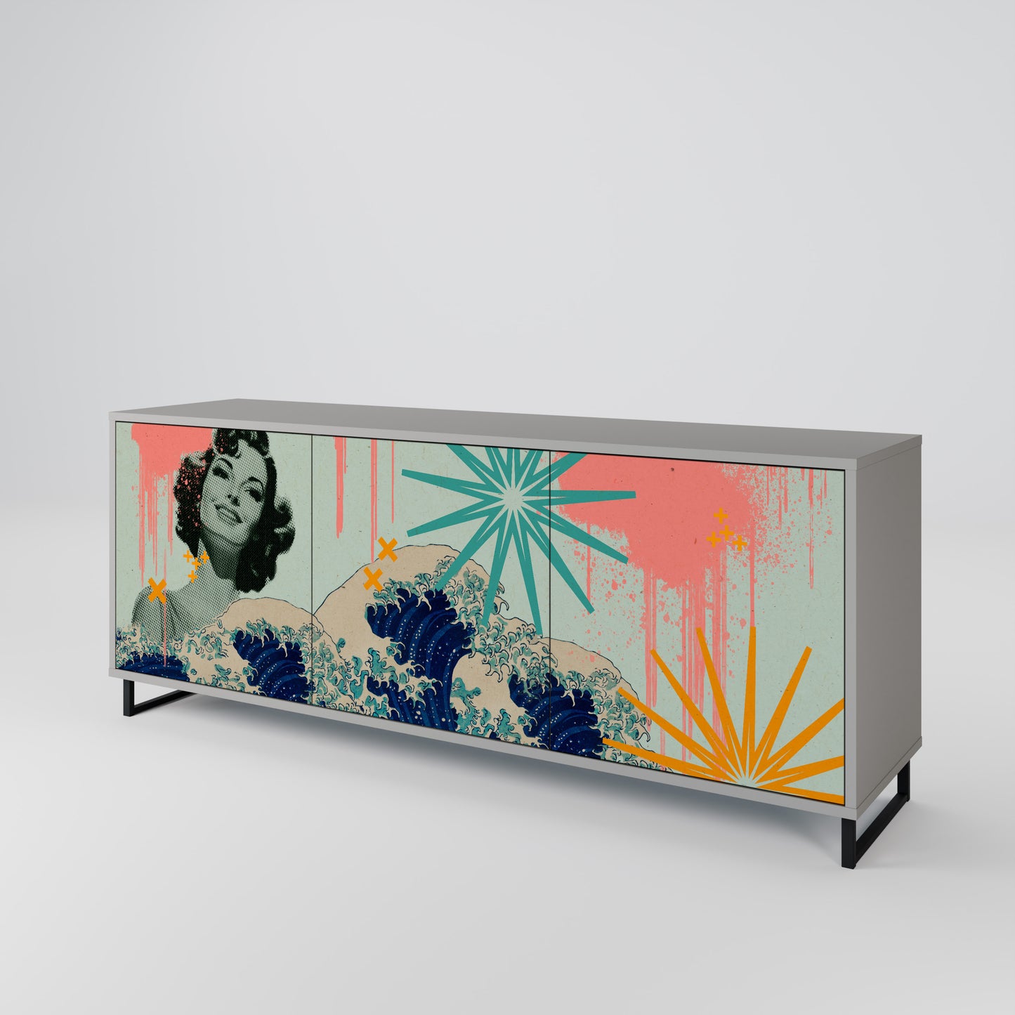 KANAGAWA BEAUTY 3-Door Sideboard in Grey Finish