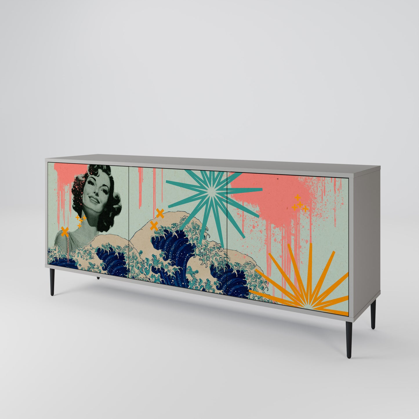 KANAGAWA BEAUTY 3-Door Sideboard in Grey Finish