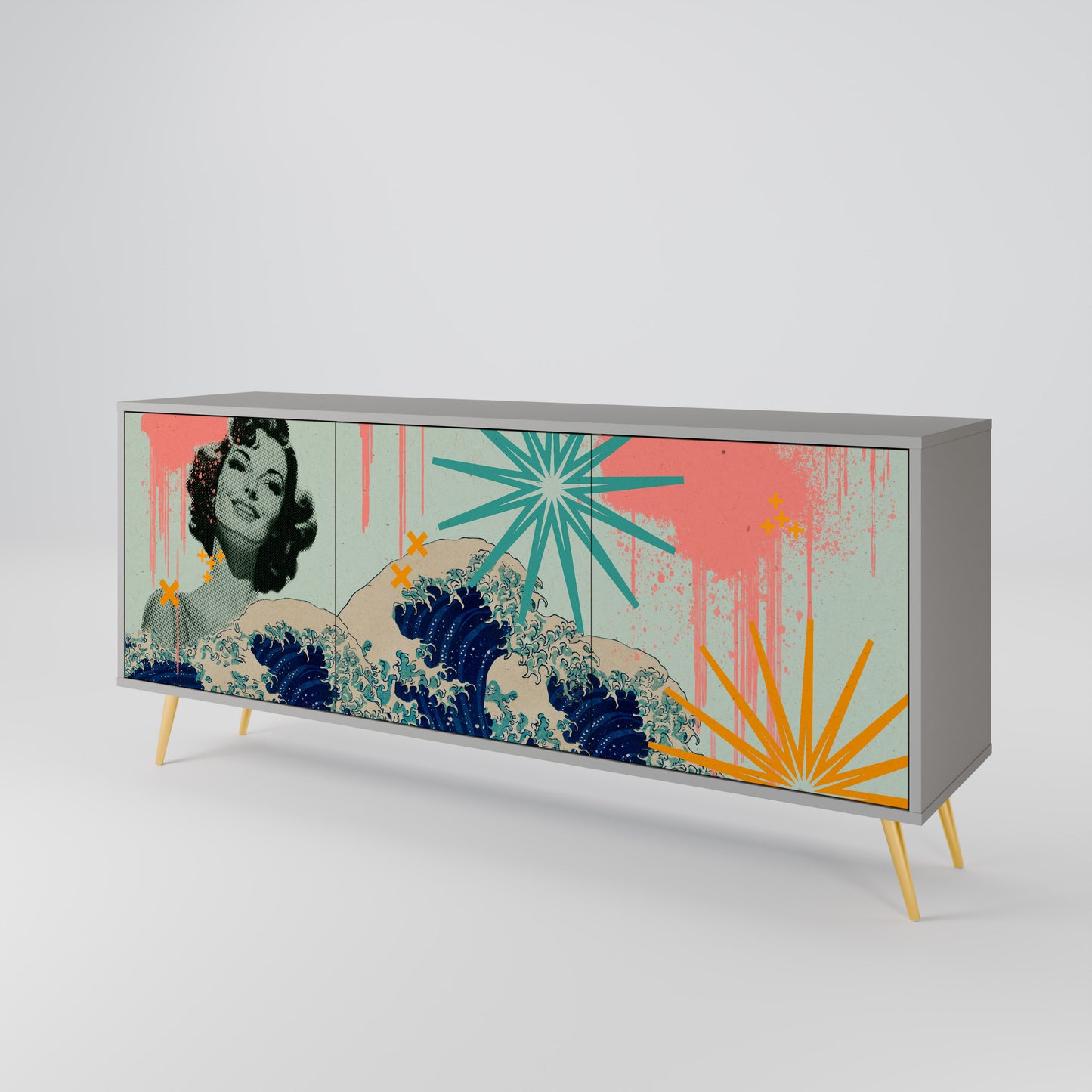 KANAGAWA BEAUTY 3-Door Sideboard in Grey Finish