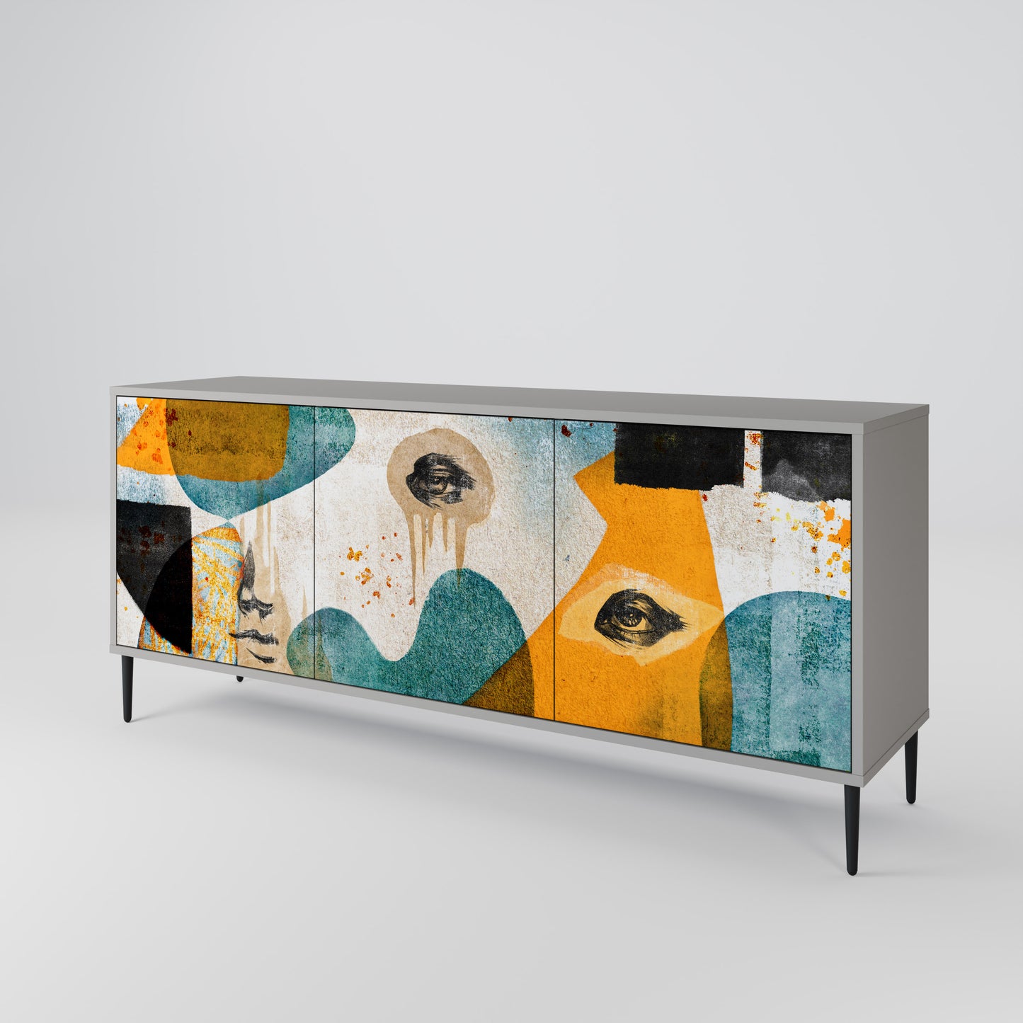 ABSTRACT FACES 3-Door Sideboard in Grey Finish