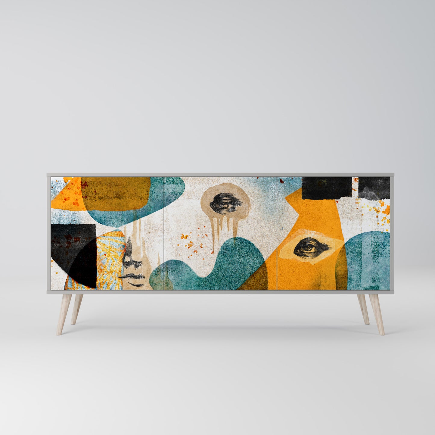 ABSTRACT FACES 3-Door Sideboard in Grey Finish