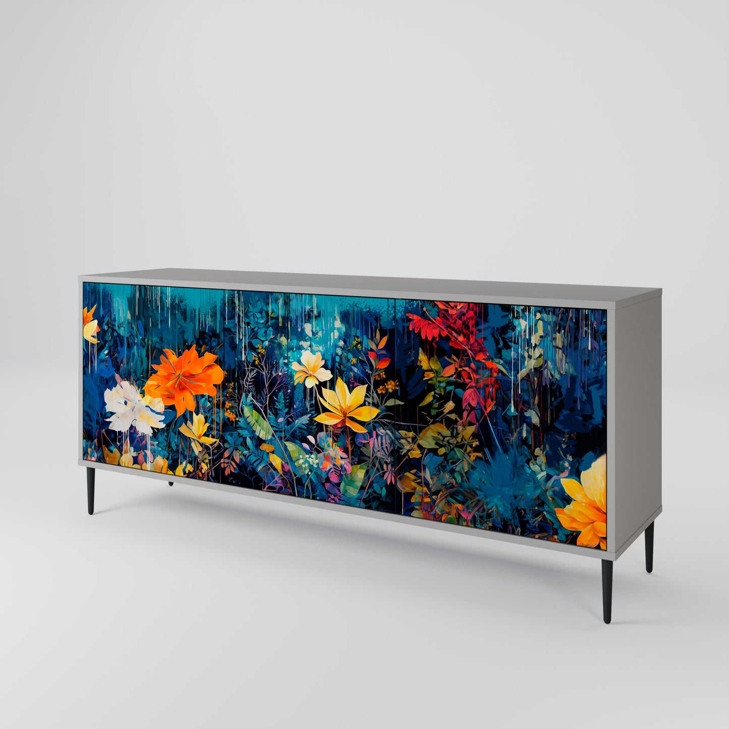 MIDNIGHT BLOSSOM 3-Door Sideboard in Grey Finish