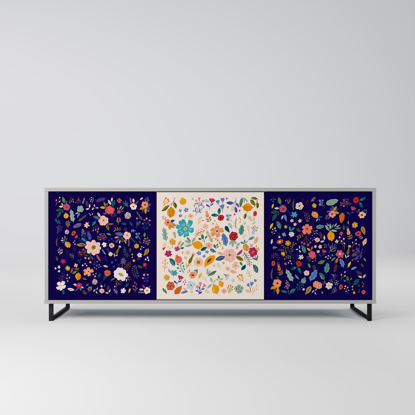 FLORAL COMBINATION 3-Door Sideboard in Grey Finish