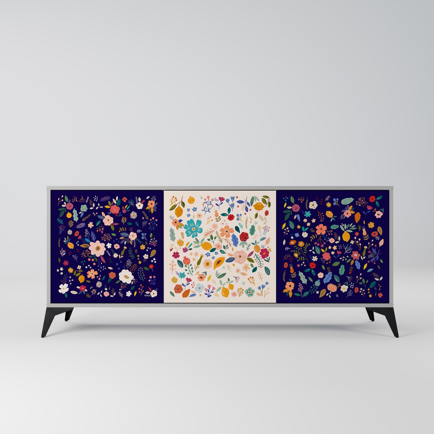 FLORAL COMBINATION 3-Door Sideboard in Grey Finish