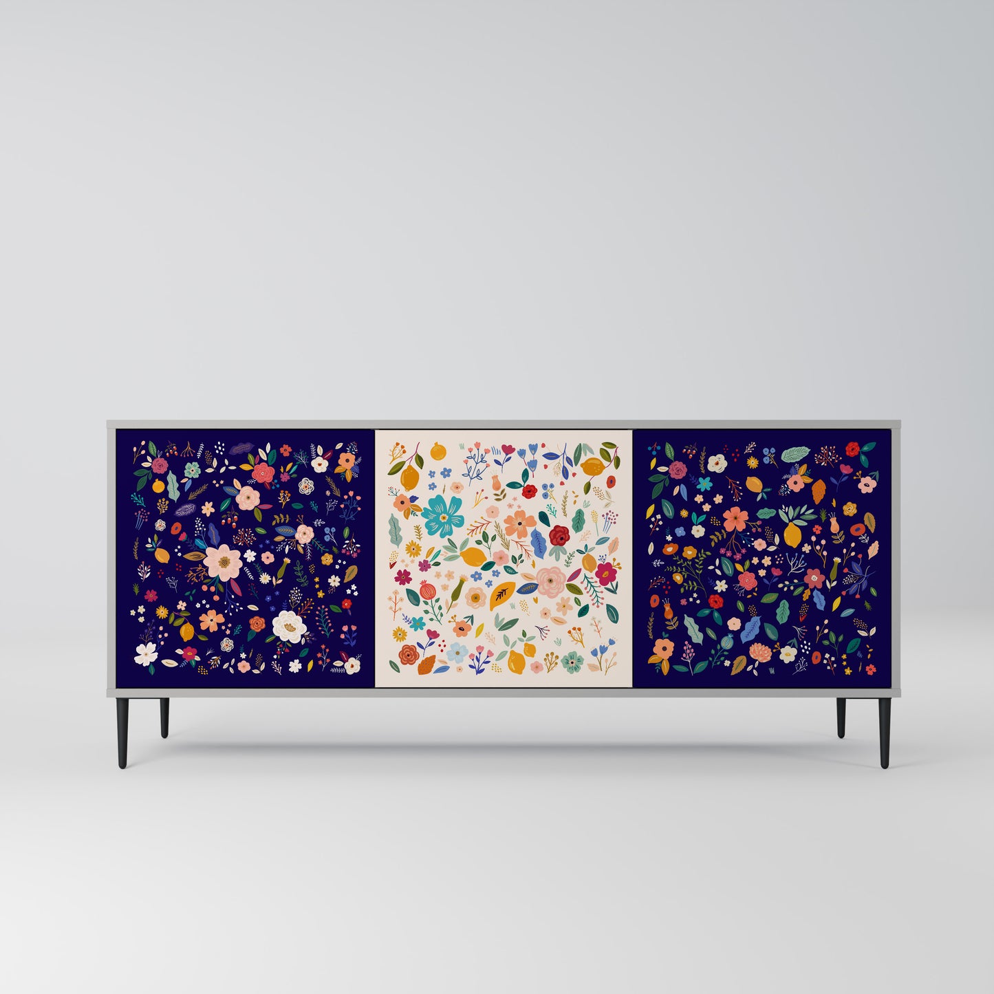 FLORAL COMBINATION 3-Door Sideboard in Grey Finish