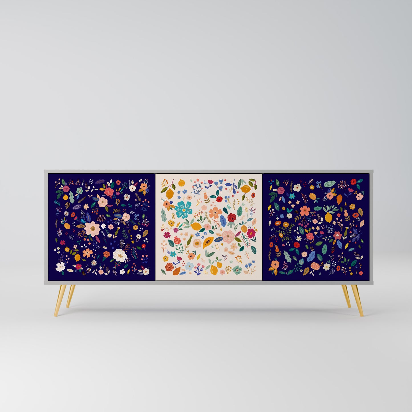 FLORAL COMBINATION 3-Door Sideboard in Grey Finish