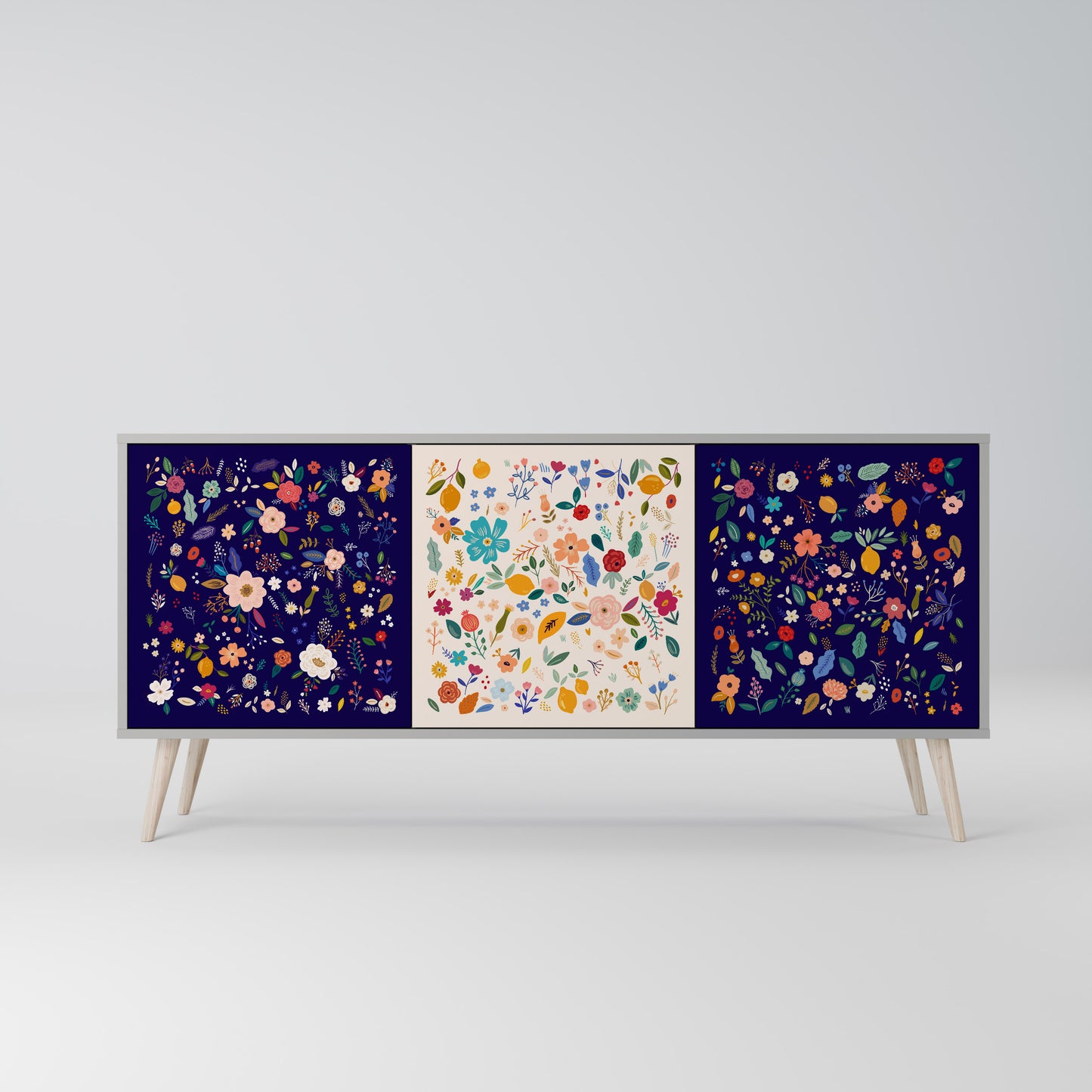 FLORAL COMBINATION 3-Door Sideboard in Grey Finish