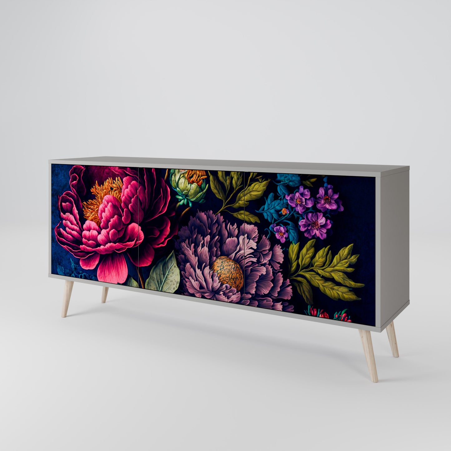BLOOMING ELEGANCE 3-Door Sideboard in Grey Finish