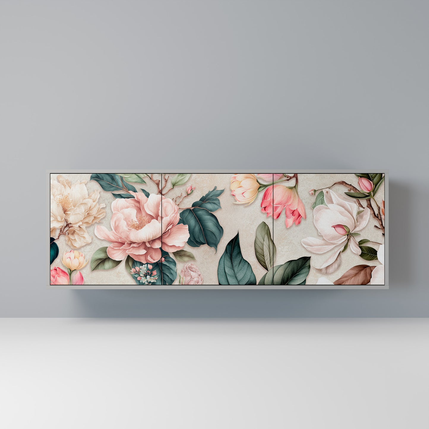 FLORAL GRACE 3-Door Sideboard in Grey Finish