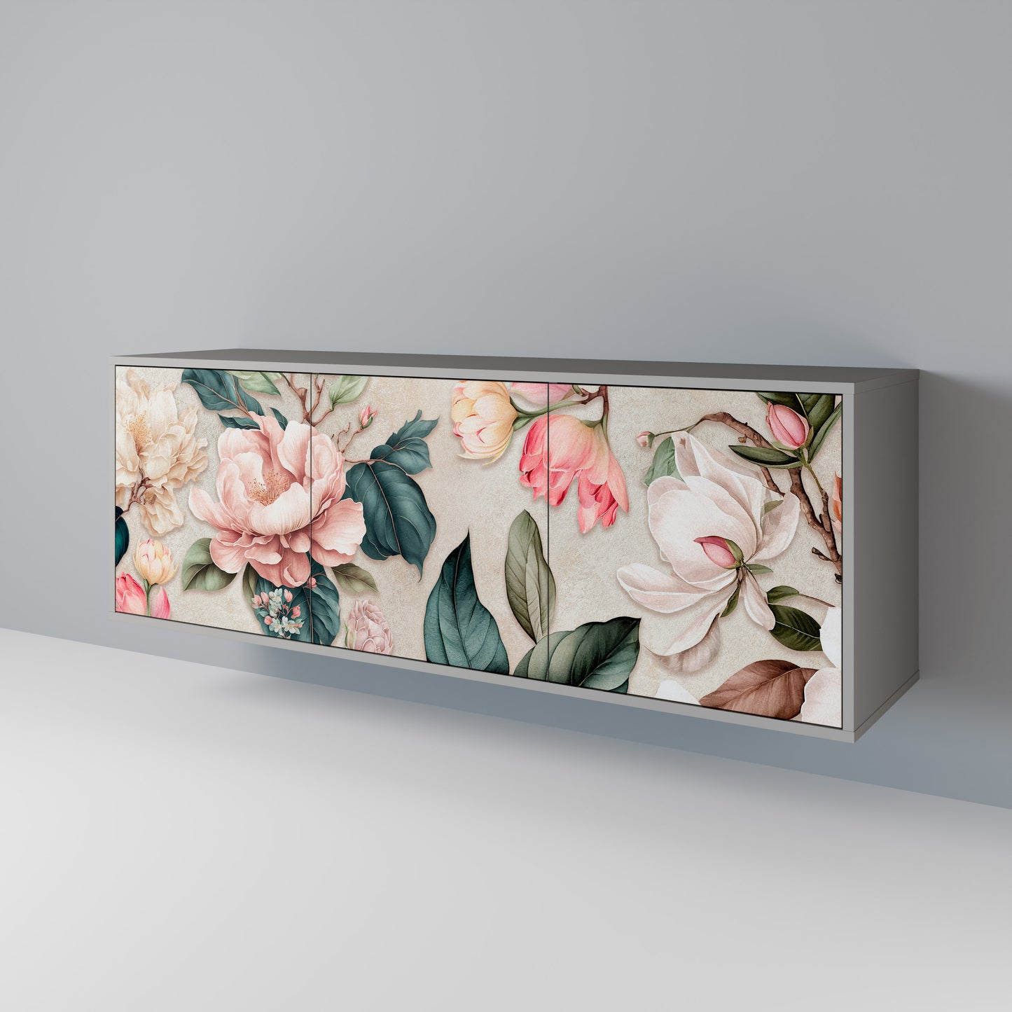FLORAL GRACE 3-Door Sideboard in Grey Finish