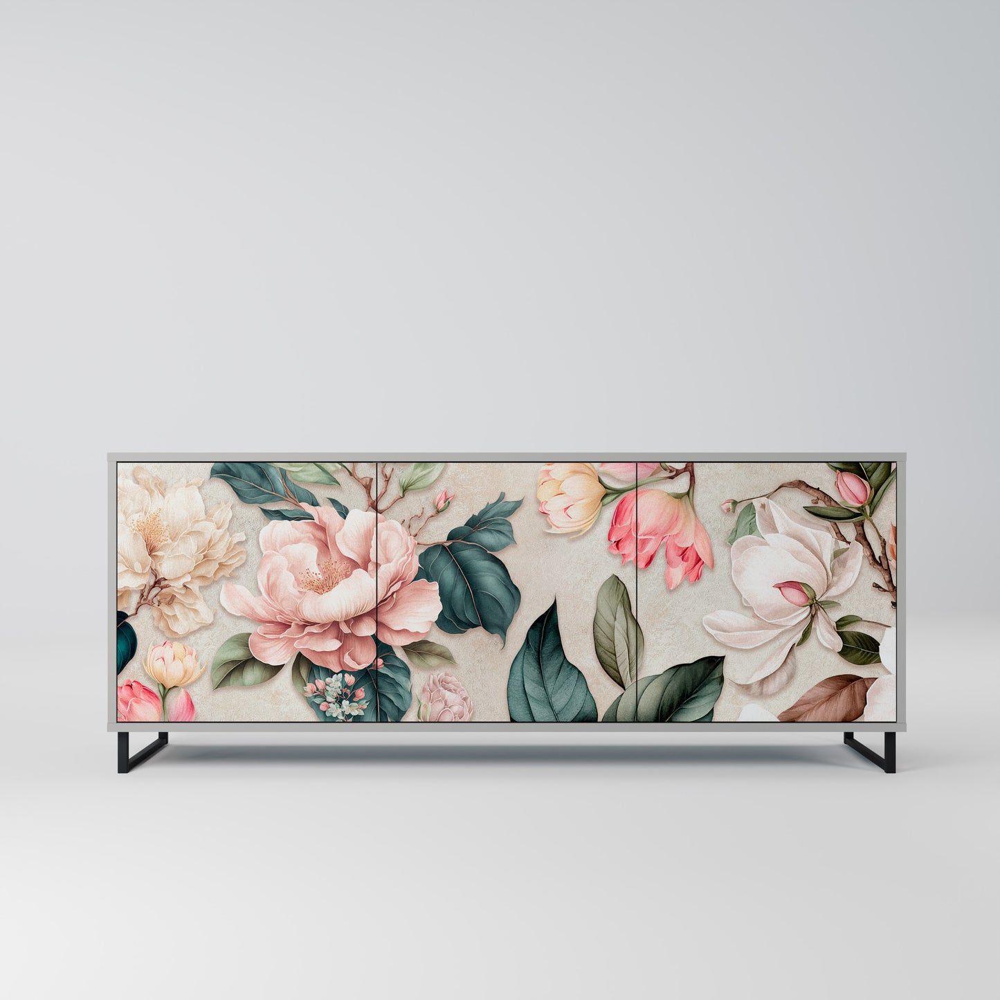 FLORAL GRACE 3-Door Sideboard in Grey Finish