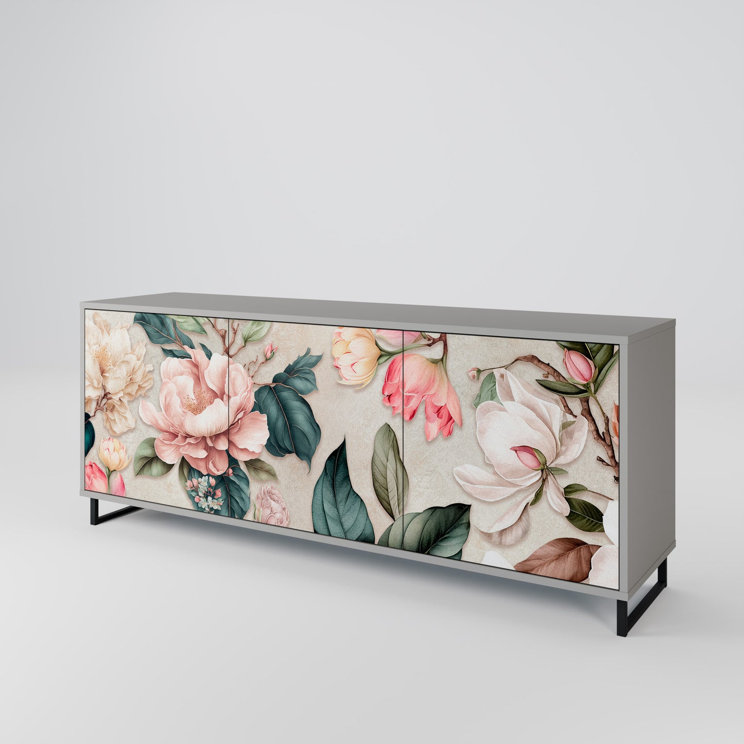 FLORAL GRACE 3-Door Sideboard in Grey Finish