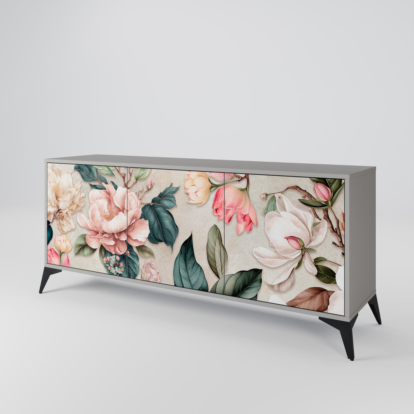 FLORAL GRACE 3-Door Sideboard in Grey Finish