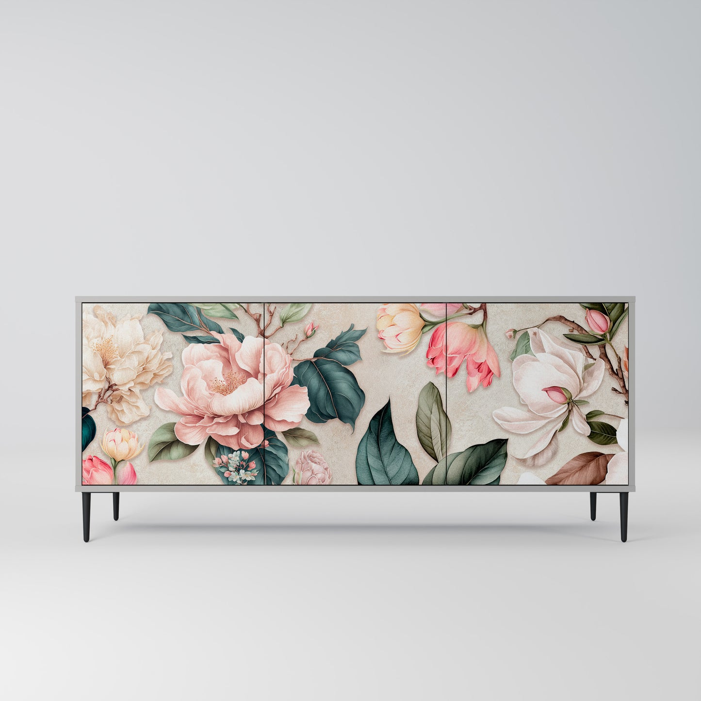 FLORAL GRACE 3-Door Sideboard in Grey Finish